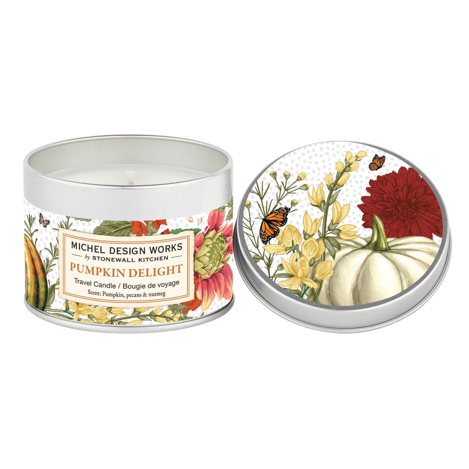 Pumpkin Delight Travel Candle Pumpkin Delight Travel Candle - Our all-natural, travel candle is nontoxic, biodegradable and clean burning, made from a sustainably sourced soy and palm oil wax blend. The handy, decorative, and versatile tin can be used at home or when traveling, indoors or out. Scent: Sugar pumpkins and toasted pecans mixed with caramel and nutmeg As summer fades and cool weather settles in, pumpkins and sunflowers finally reach their peak. Complete with hues of dusty orange and notes of freshly baked treats, this collection is an autumnal delight through and through 5.5 oz / 155g 24 hours approximate burn time