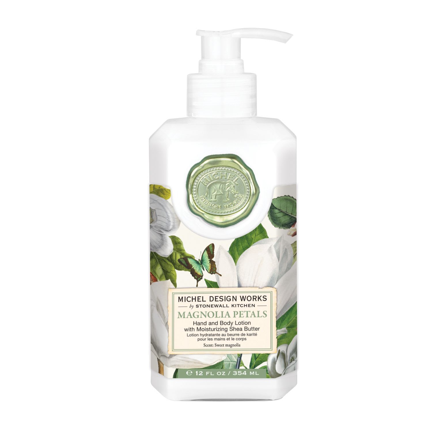 Magnolia Petals Hand and Body Lotion Magnolia Petals Hand and Body Lotion - Our soothing lotion is a blend of aloe, coconut oil, shea butter, and other select herbs and botanicals to moisturize and soften the skin. Scent: Magnolia and green leaves with notes of honeysuckle and citrus. Bringing together lush greens and bright white petals in a natural menagerie. Refreshing floral and citrus notes are highlighted by the distinct sweetness of magnolias, revered for millennia as a symbol of endurance and longevity. 12 fl oz / 354 ml