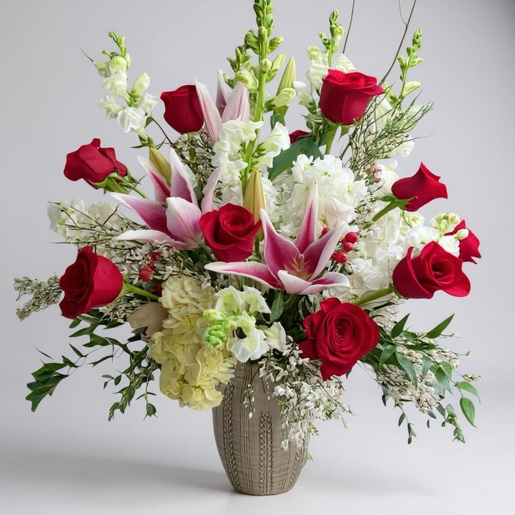 Romantic Rhapsody  - In a grand display of romantic elegance, a lavish arrangement adorns a crystal vase, capturing the essence of love and tenderness. Cascading hues of red, white, and pink intertwine in this opulent bouquet, creating a visual symphony that befits the celebration of Valentine's Day. Lush hydrangeas form the foundation, their voluminous blooms in delicate shades of pink and white providing a soft and dreamy backdrop. Interspersed among them, velvety roses in passionate red and soft pink oriental lilies exude an alluring fragrance, evoking the spirit of romance. Graceful willow branches add a touch of whimsy, their slender tendrils weaving through the arrangement with subtle elegance. Red hypericum berries punctuate the scene, resembling droplets of love in this botanical masterpiece. The bouquet is completed with the sweet and intoxicating scent of stock flowers, infusing the air with an aura of enchantment. This large and luxurious arrangement is a testament to the beauty of love. 