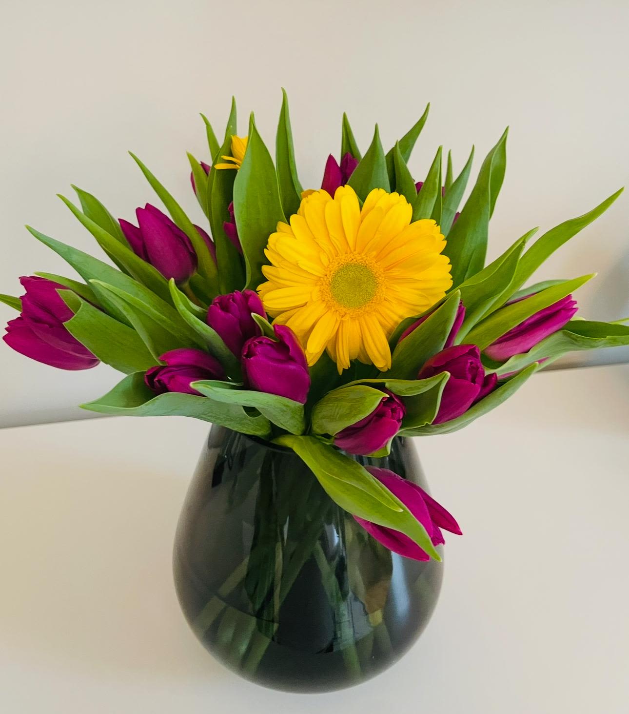 Sunny Surprise - A cheerful bouquet that radiates joy and energy, featuring vibrant magenta tulips and a bold, sunny yellow gerbera daisy. Arranged in a sleek black vase, this playful design brings a perfect pop of color and happiness to any space.