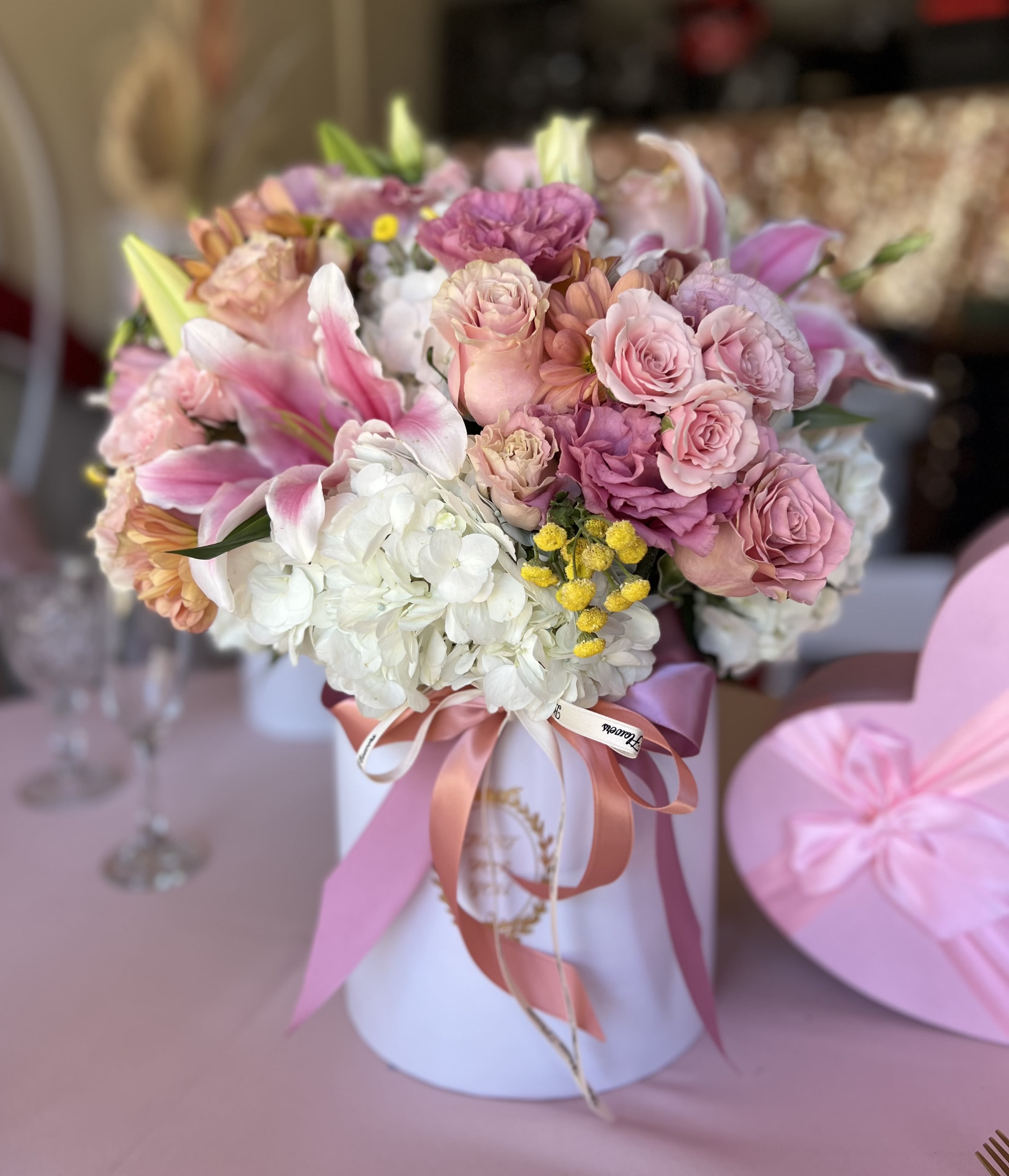 Betty Box - Cylinder with hydrangeas, Roses, Lilies, Lisianthus, Spray Roses.