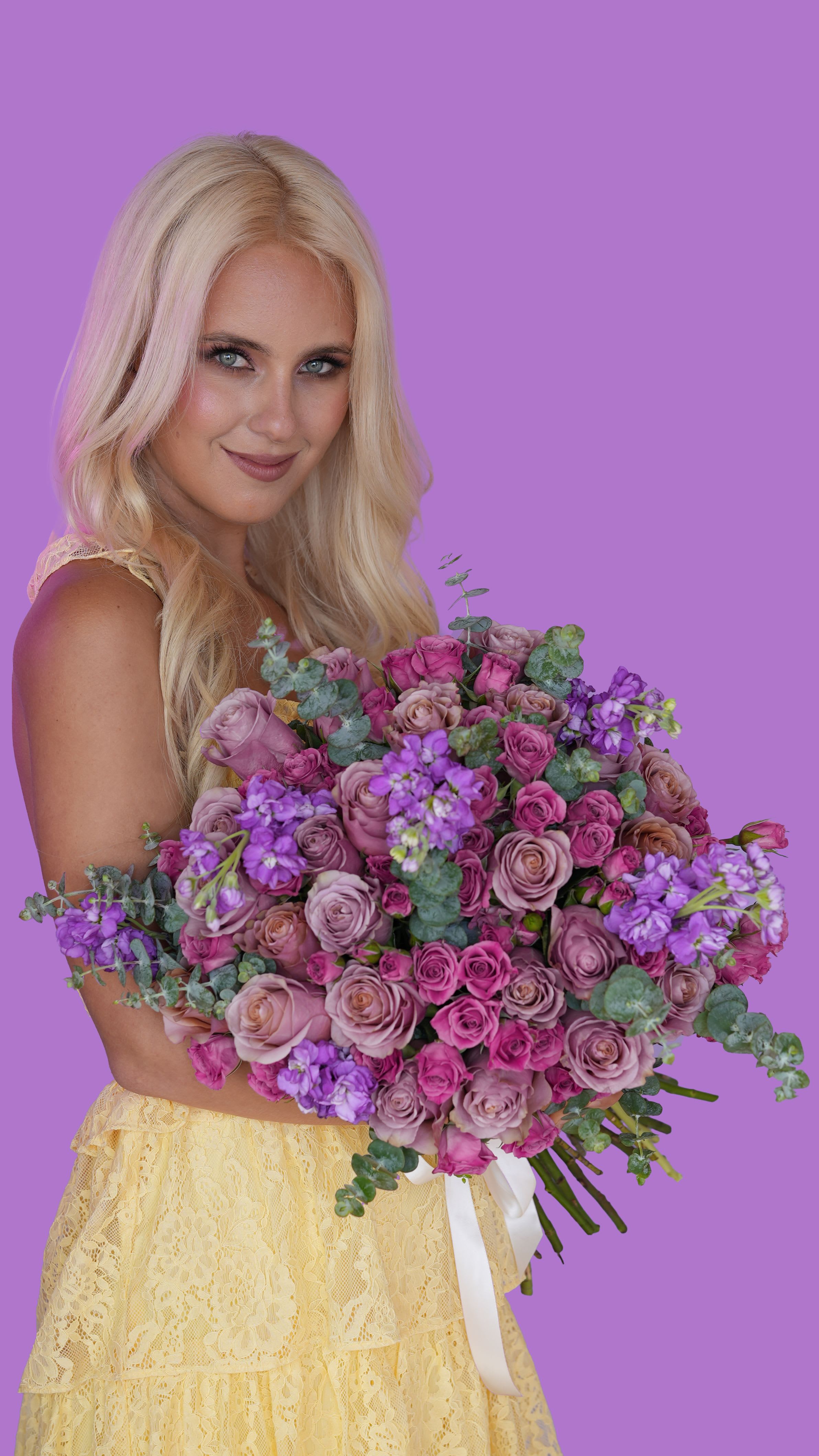 Purple moon - Mysterious, romantic, and undeniably captivating — Purple Moon is a floral composition designed to mesmerize. This lush arrangement features an exquisite mix of deep mauve, lavender, and plum-toned roses, vibrant violet stock, soft lilac spray roses, and cascading eucalyptus for a touch of natural drama.  Inspired by twilight skies and moonlit gardens, Purple Moon brings elegance with a hint of magic — perfect for milestone moments, luxury gifting, or romantic gestures with depth.  Style: Moody, elegant, modern-romantic Fragrance: Softly floral with fresh herbal notes