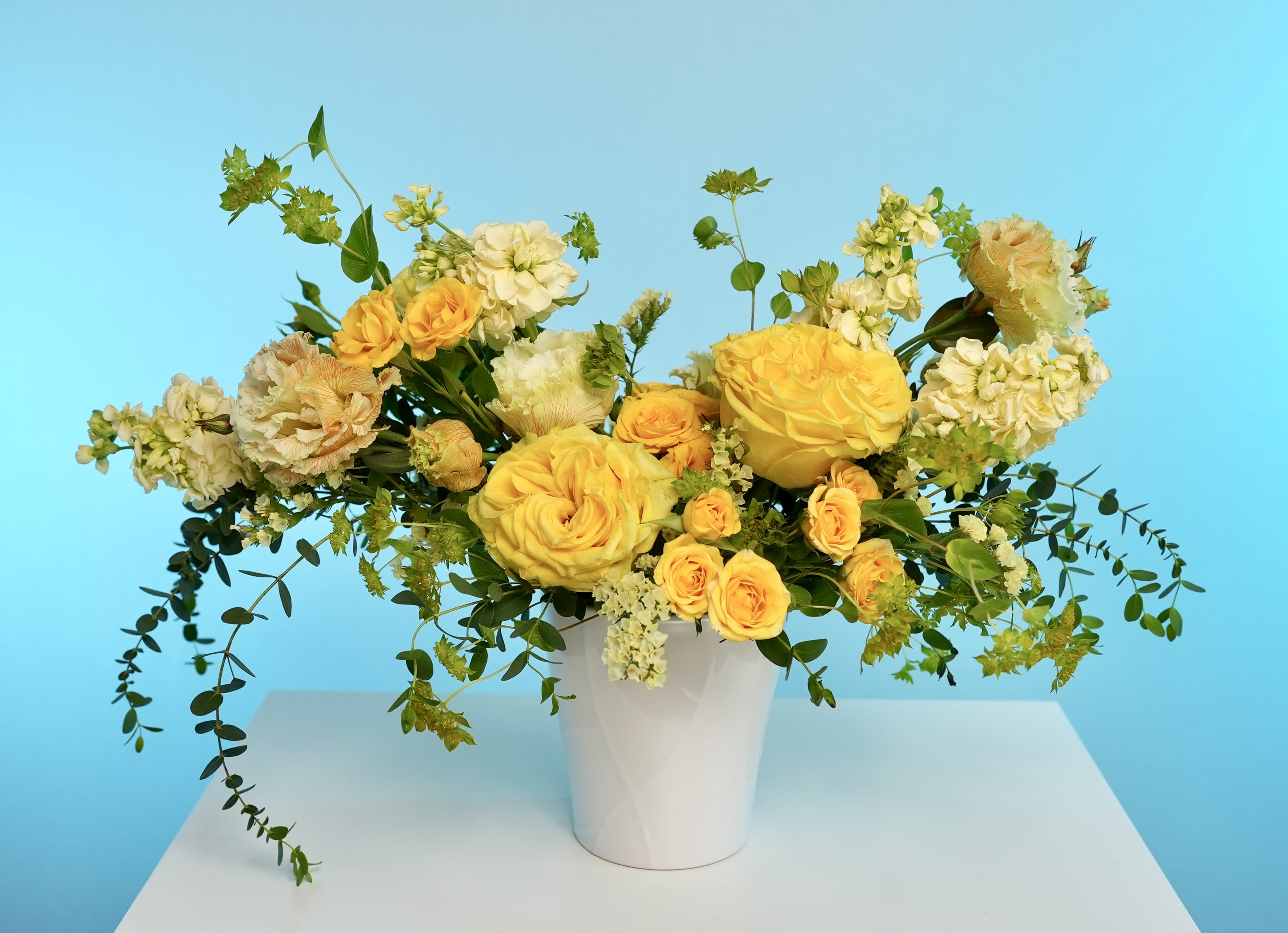 Golden Melody - Light-filled and graceful, Golden Melody is a radiant celebration of warmth and elegance. Featuring vibrant yellow garden roses, delicate spray roses, soft lisianthus, creamy stock, and trailing greens, this airy arrangement is designed in a sleek white ceramic vase — the perfect harmony of joy and sophistication.  Ideal for thank-you gifts, cheerful celebrations, or simply brightening someone’s day with golden charm.  Style: Fresh, modern, uplifting Fragrance: Soft and sweet with garden-fresh notes