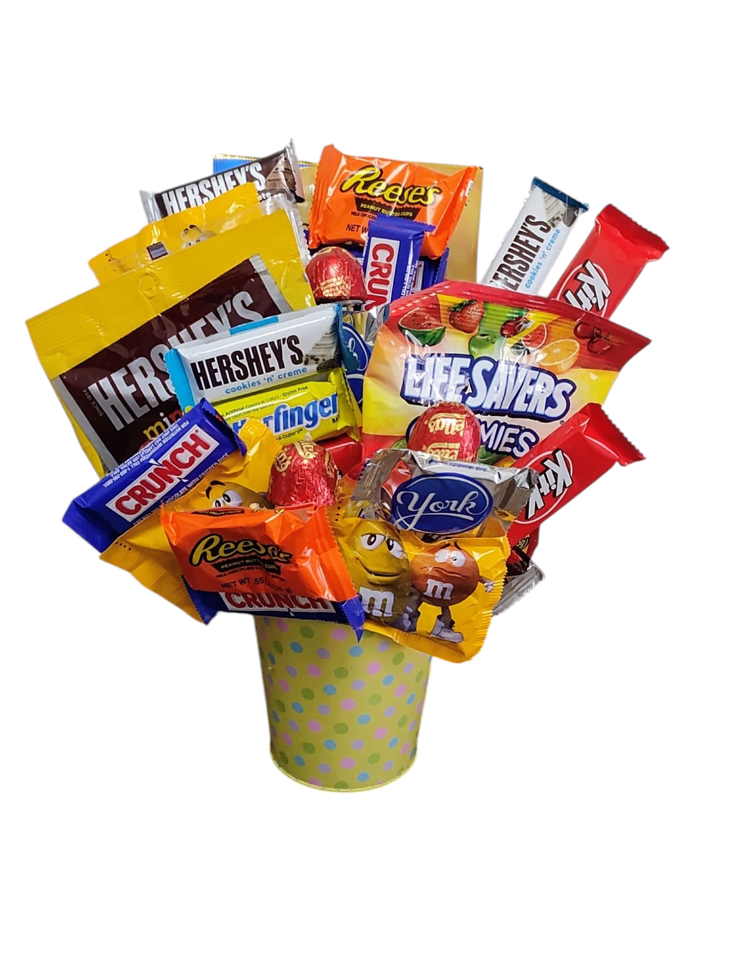 Candylicious Bouquet - Delight your loved onesvwith our charming festive container filled with an irresistible assortment of chocolates and candies. Each piece is artfully arranged to create a stunning presentation that captures the spirit of romance and celebration. This thoughtful gift is not just a treat for the taste buds but also a feast for the eyes, making it the perfect way to express your affection. Show someone special how much you care with this delightful confectionery surprise that is sure to bring smiles and sweet moments.