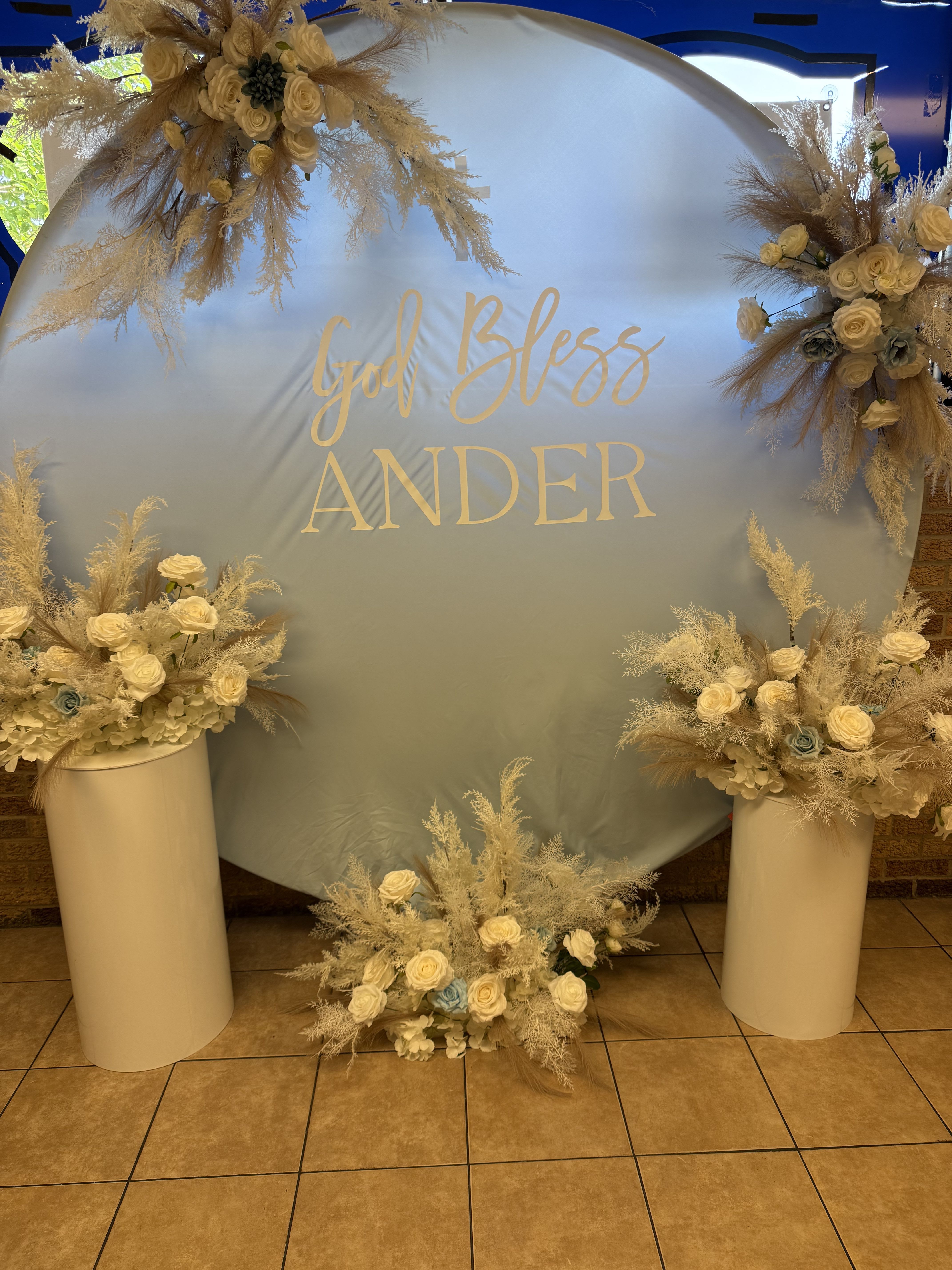 Pampas Baptism Round Arch  - Baby blue or pink or white backdrop available 