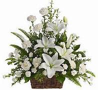 Peaceful White Lilies Basket - White asiatic lilies, white carnations and snapdragons in a woven basket