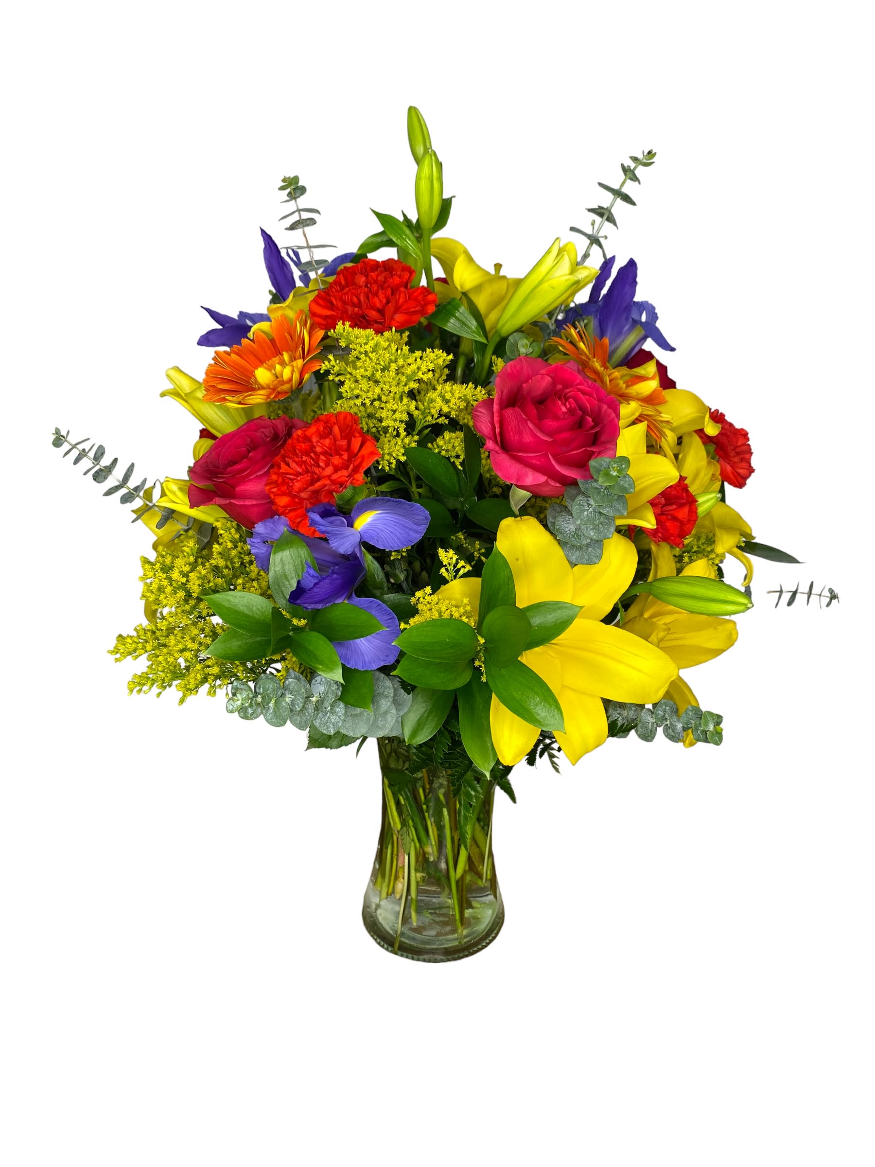 Blossoms Dreams Blossoms Dreams - Features red roses, yellow lilys, delphiniums