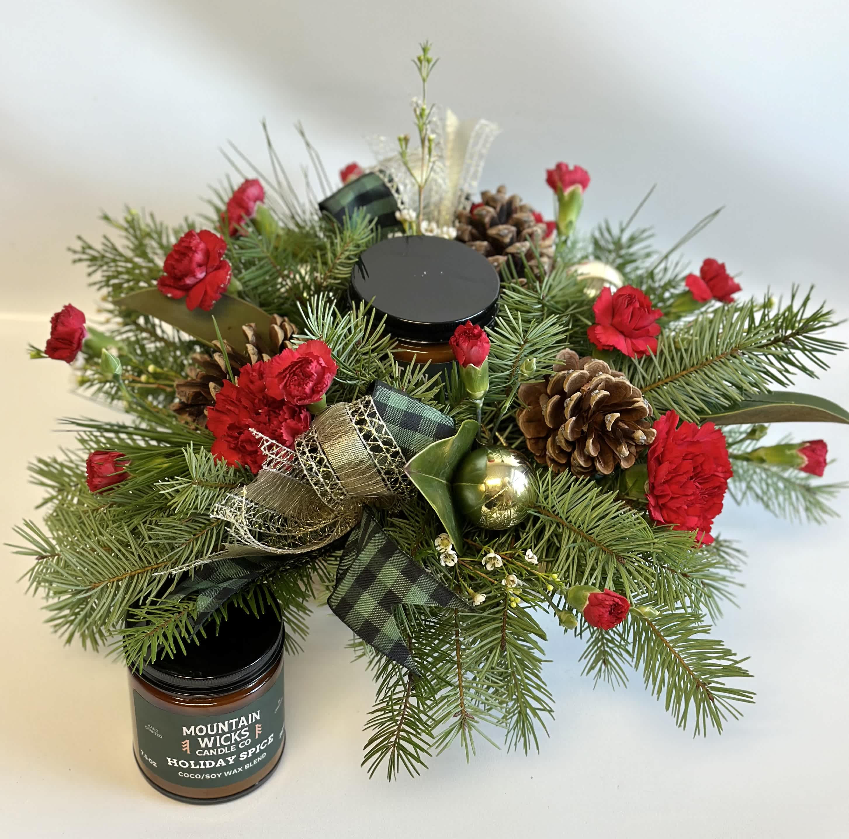 Country Christmas Centerpiece with Candle by Barbs Flowers - Beautiful Centerpiece that comes with a Christmas Scented Candle from Pacific Northwest. PNW
