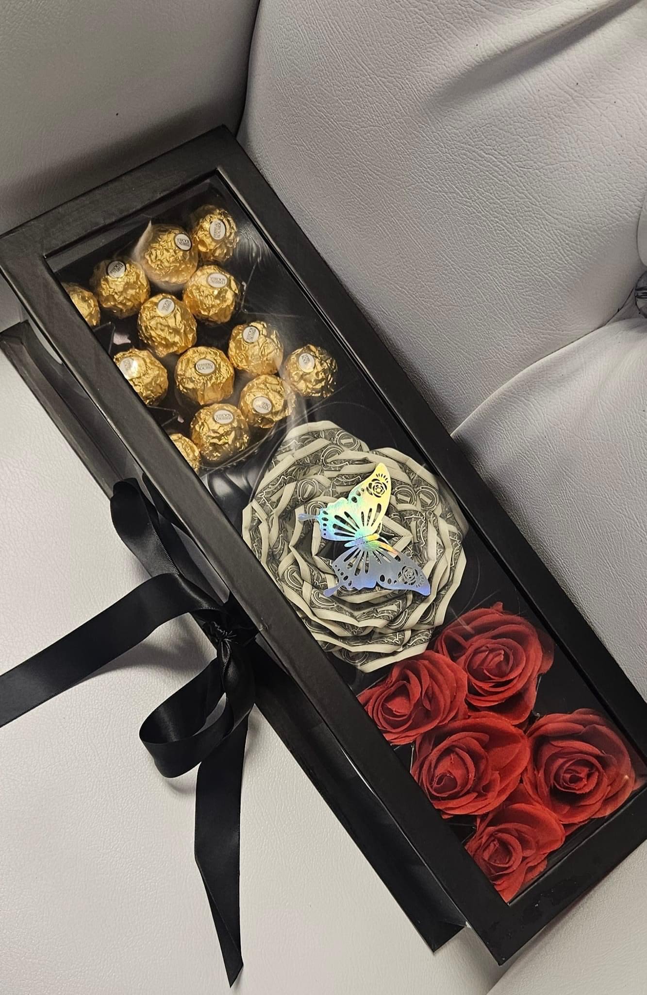 Mom gif box  - Chocolates, $25 money rose, artificial roses.