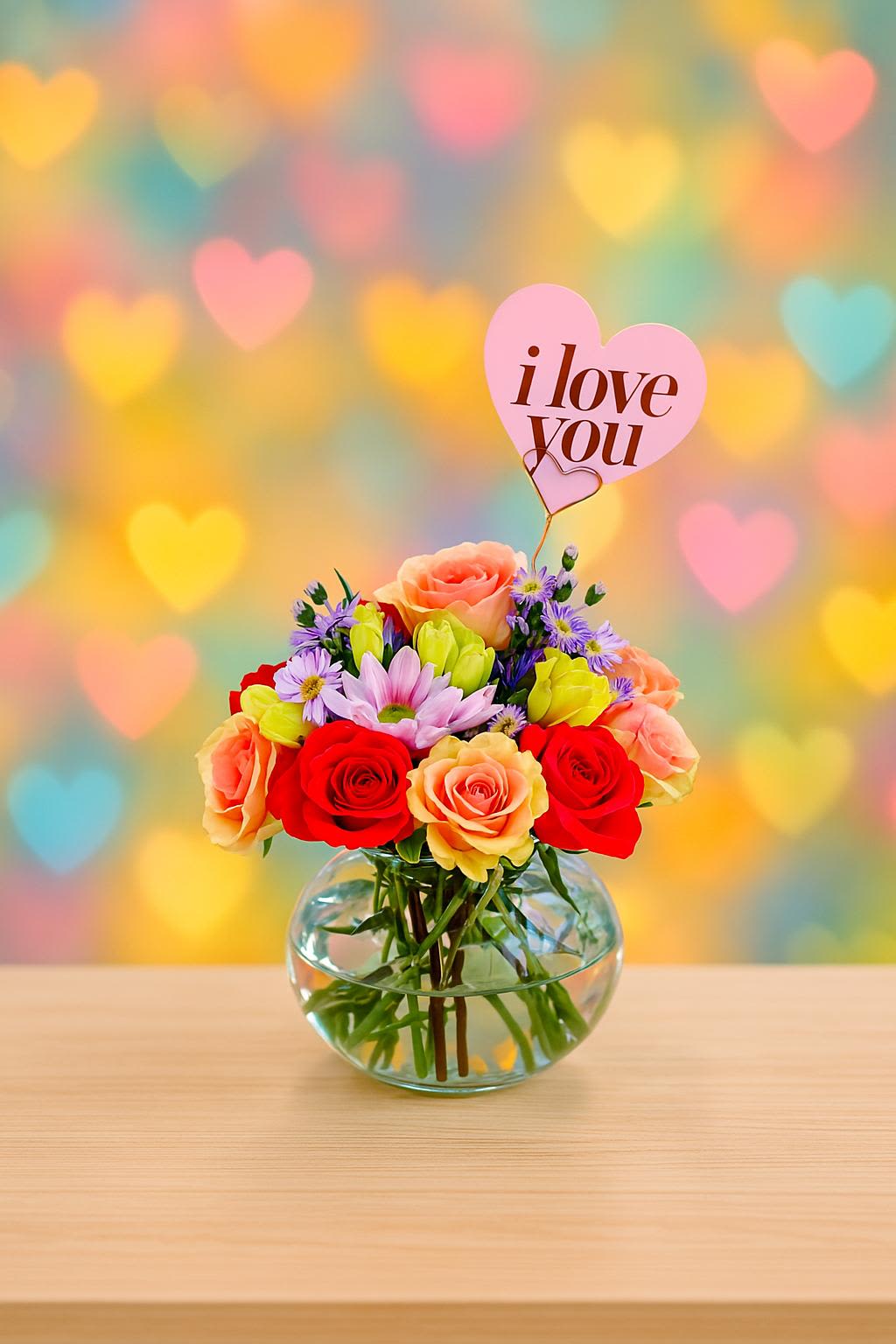Joyful Moment Joyful Moment - This cheerful arrangement features a vibrant bouquet of mixed flowers, including bright reds, purples, and whites, all nestled in a clear glass vase. Thee flowers are complemented by an "I love you" heart-shaped sign, adding a heartfelt touch. - Tampa florist