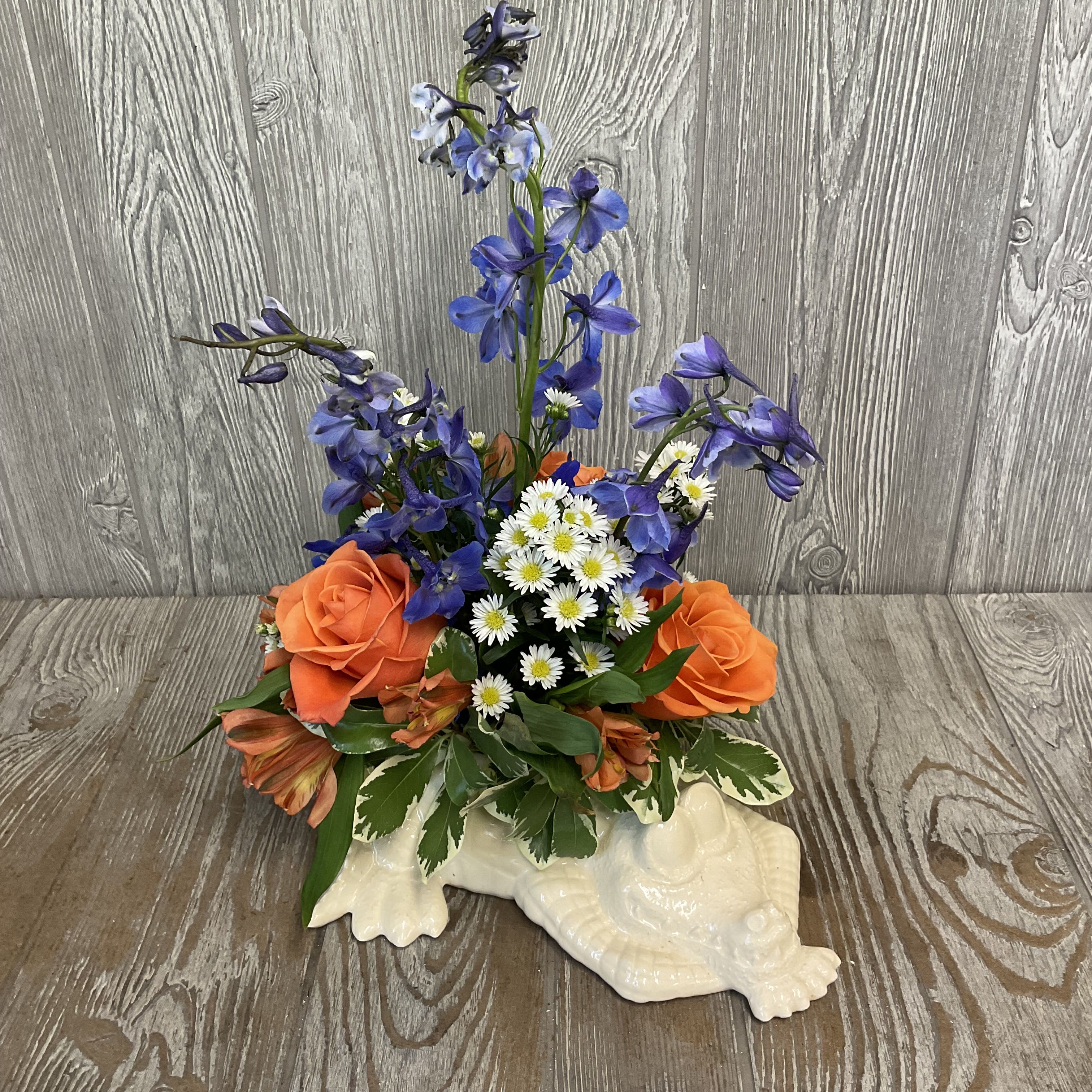Abbey Gator - Handcrafted white alligator with a fabulous mix of orange &amp; blue.  Perfect for your true gator fan.  