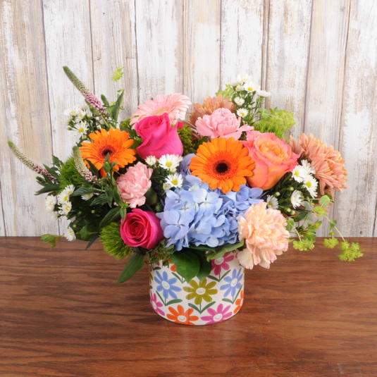 Flower Power - Bright and colorful summer blooms in a keepsake bright flower container!