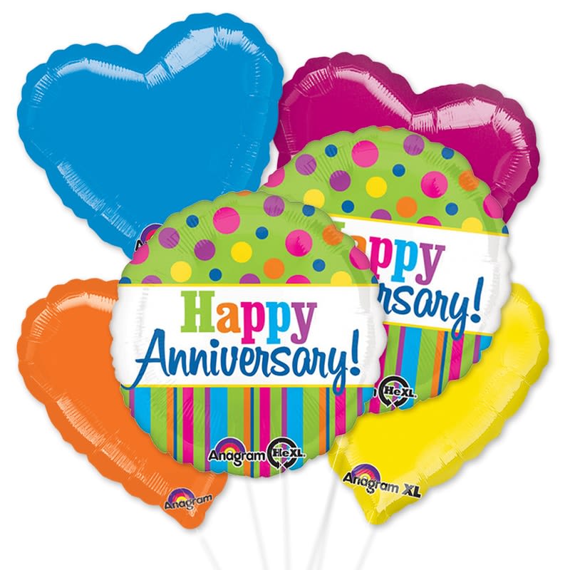 Happy Anniversary Balloon Bouquet with Candy Club Candy Happy Anniversary Balloon Bouquet with Candy Club Candy - 6 Mylar Balloon of varied solid colors and happy anniversary tied around some Candy Club candy jar.