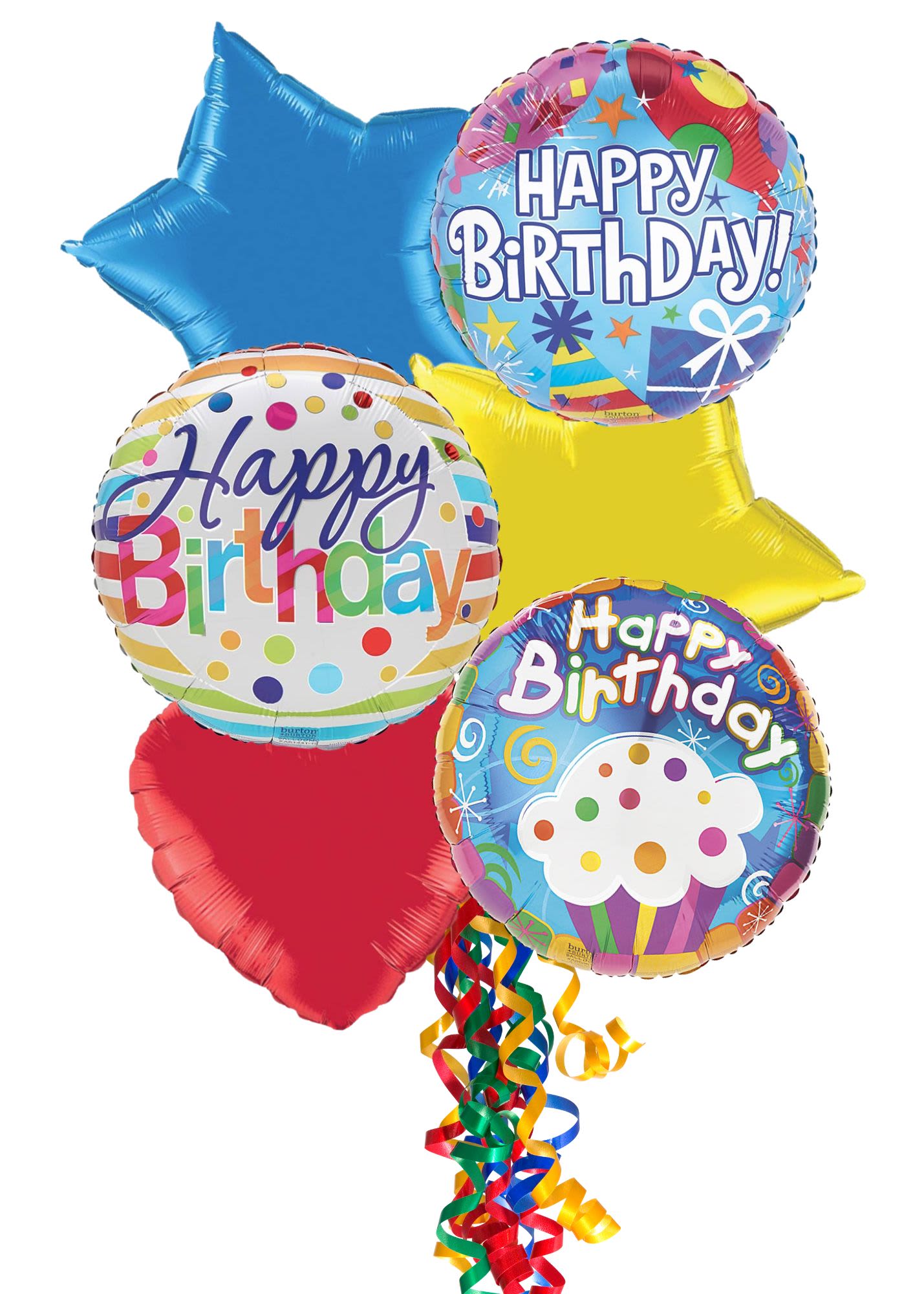 Happy Birthday Balloon Bouquet with Candy Club Candy Happy Birthday Balloon Bouquet with Candy Club Candy - 6 Mylar Balloon of varied solid colors and happy birthday tied around some Candy Club candy jar.