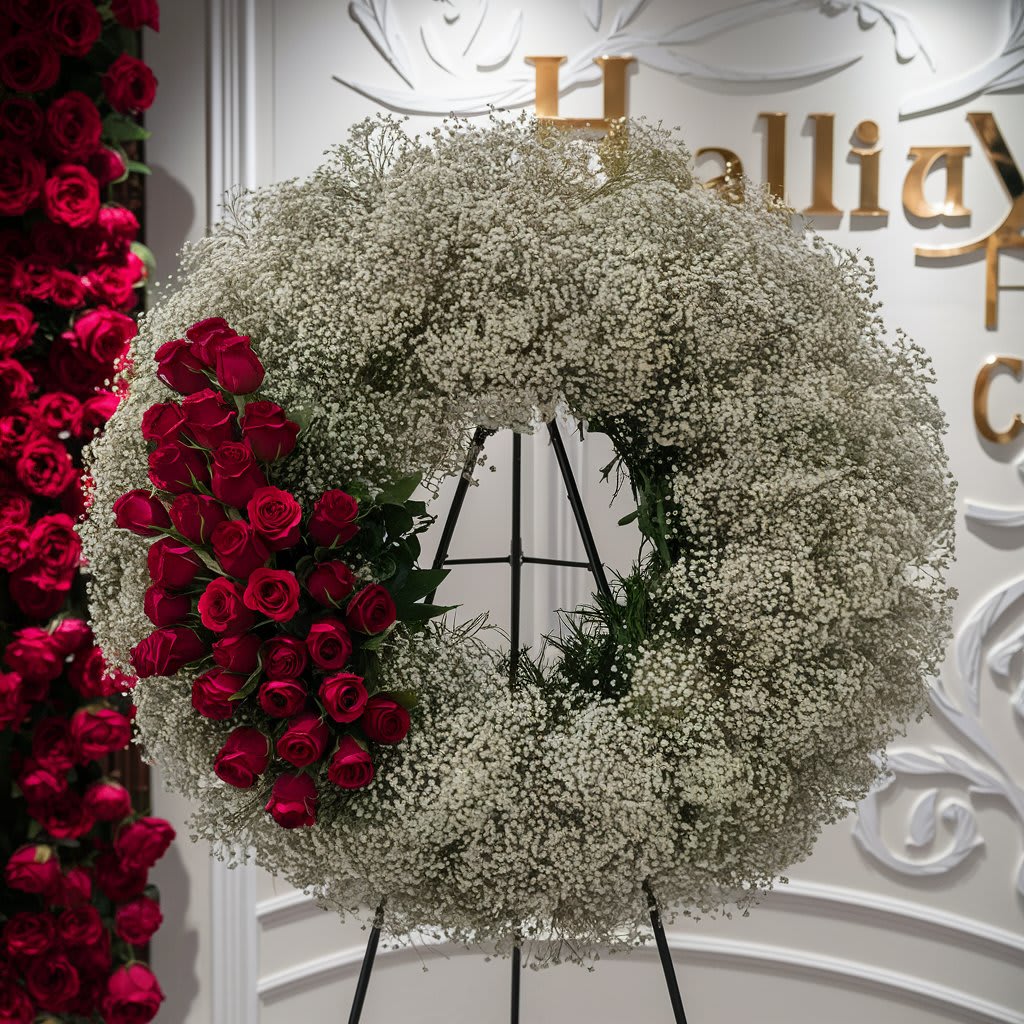 24 inch Red Rose and Babiea Breath Sympathy Wreath -  A stunning photograph of a 24-inch funeral wreath adorned with delicate baby's breath and a striking design of  bright red roses on the left side. The overall atmosphere of the image exudes elegance and sophistication.,