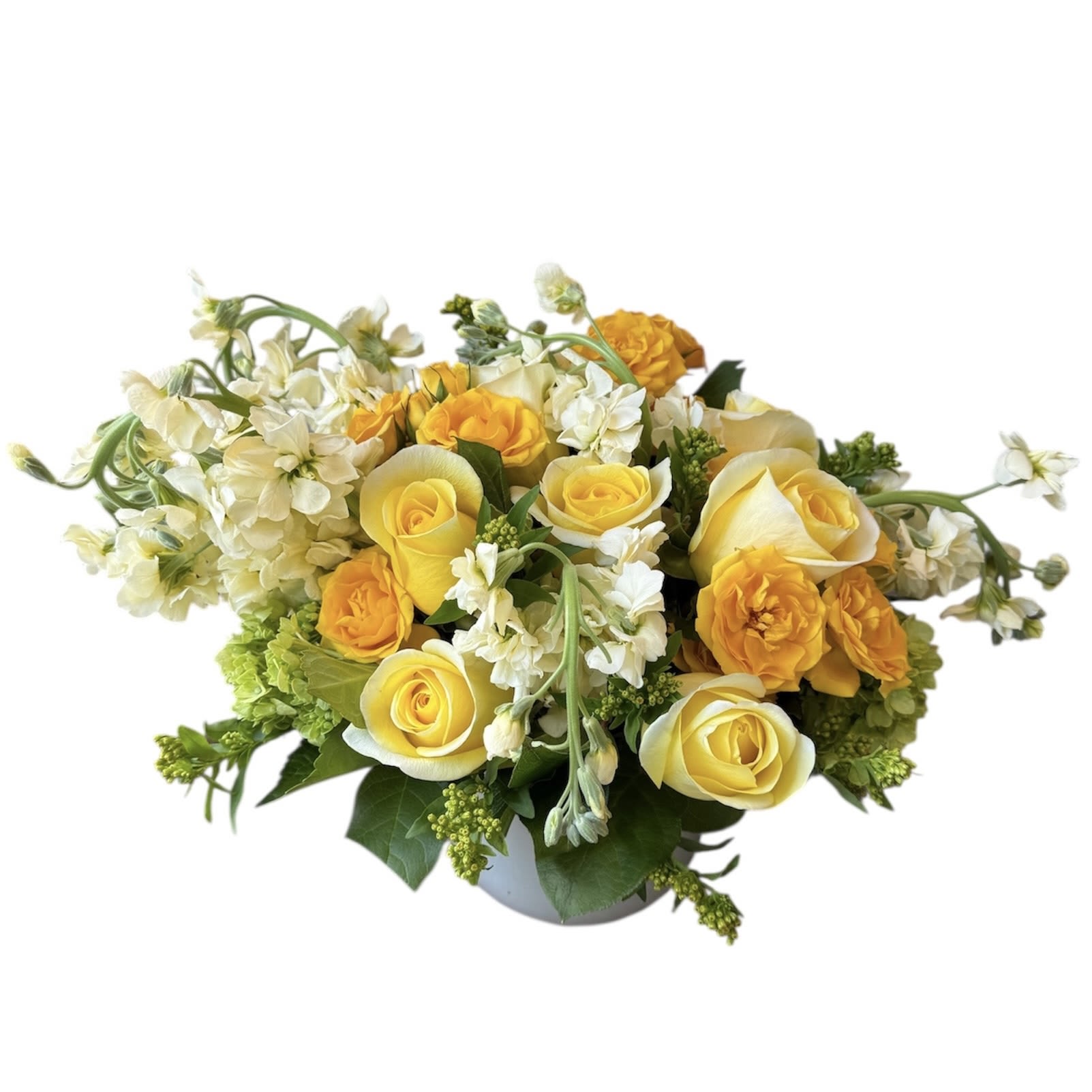 Summer Scent Summer Scent - Light yellow roses, stock, green hydrangea, yellow spray roses designed in a glass vase as shown.