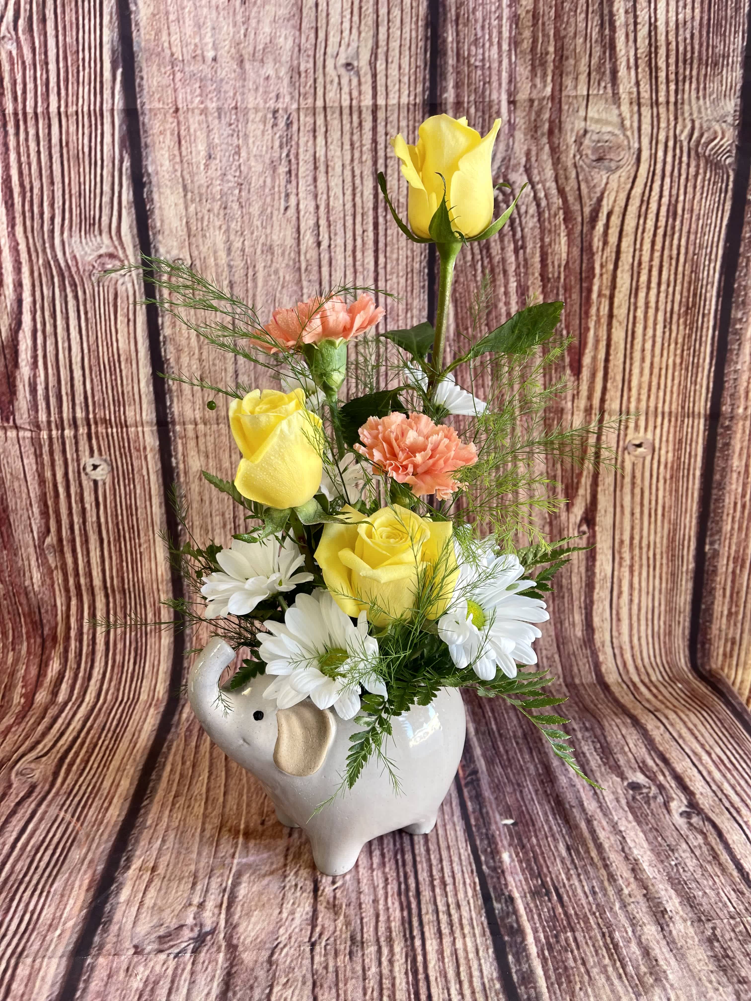 Babar Babar - A precious keepsake elephant container proudly presents a bouquet fresh flowers! An excellent choice for the arrival of a new baby girl or boy, or for those who have a strong affection for elephants. (All designs are arranged as similar as possible. We promise to keep the same color, style, and overall theme with what Mother Nature generously blesses us with)
