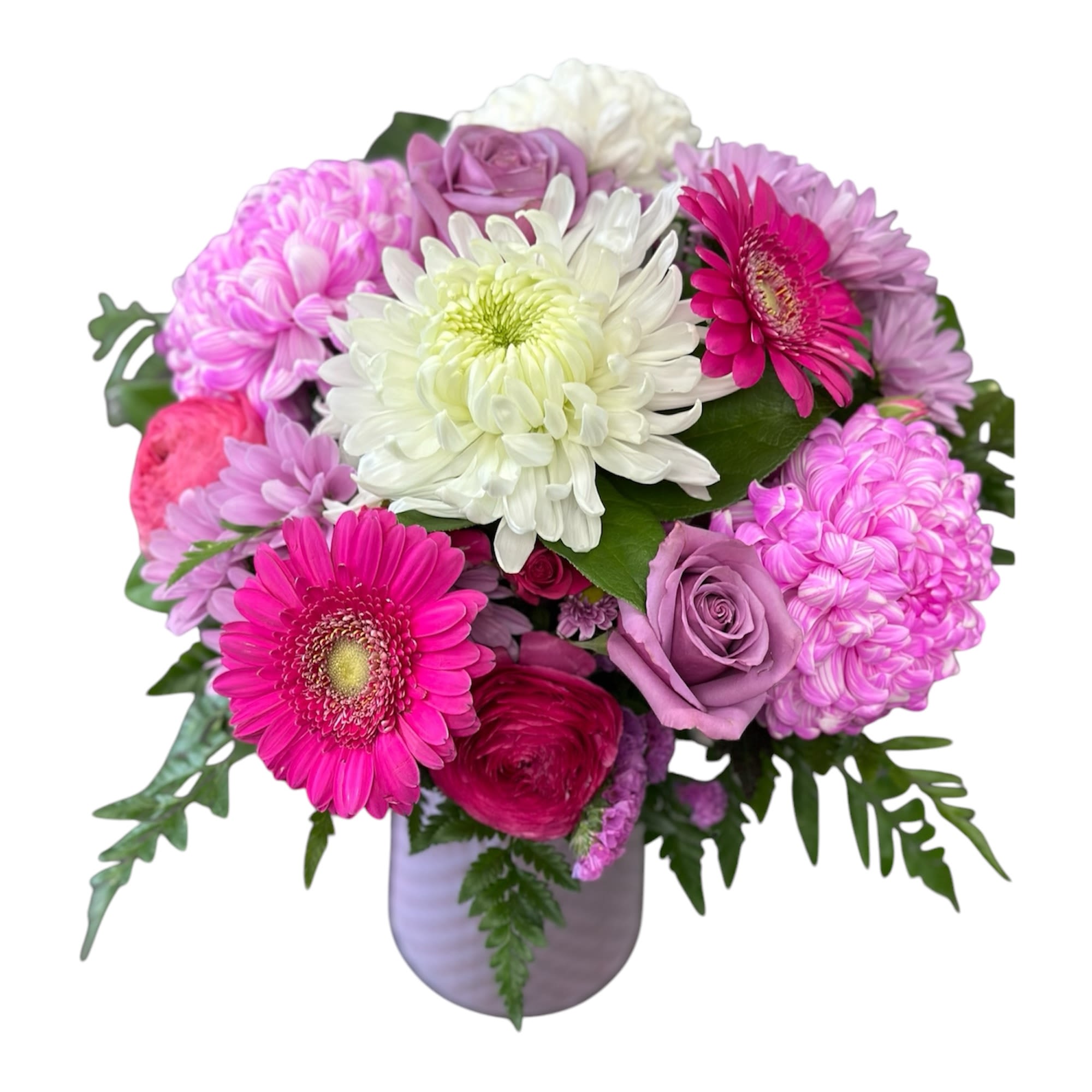 Pink lady  - Want to send a flower arrangements that just speaks to the heart, this arrangement will do exactly that.  This arrangement is designed with so many varieties of blooms and greens and bright colours that just make you smile 