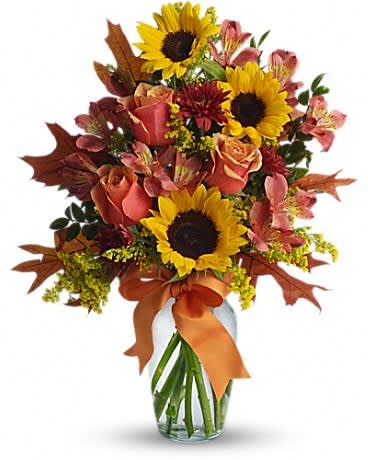 Warm Embrace Warm Embrace - This ravishingly rustic bouquet is like a burst of country charm. Complementing the sunny sunflowers are orange bi-color roses and orange and rust chrysanthemums - all delightfully tied up with a bright orange ribbon. Absolutely irresistible. The cheerful arrangement includes orange bi-color roses, yellow sunflowers, dark orange alstroemeria and rust cushion spray chrysanthemums accented with orange ribbon and assorted greenery.
