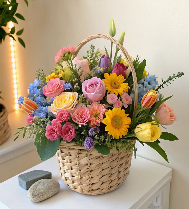 Isabella - Isabella is a cheerful burst of spring beauty in a charming woven basket. A vibrant mix of roses, gerbera daisies, tulips, spray carnations, and accent blooms carefully arranged to bring warmth, joy, and brightness. Perfect for birthdays, thank-you gifts, or simply to brighten someone’s day.