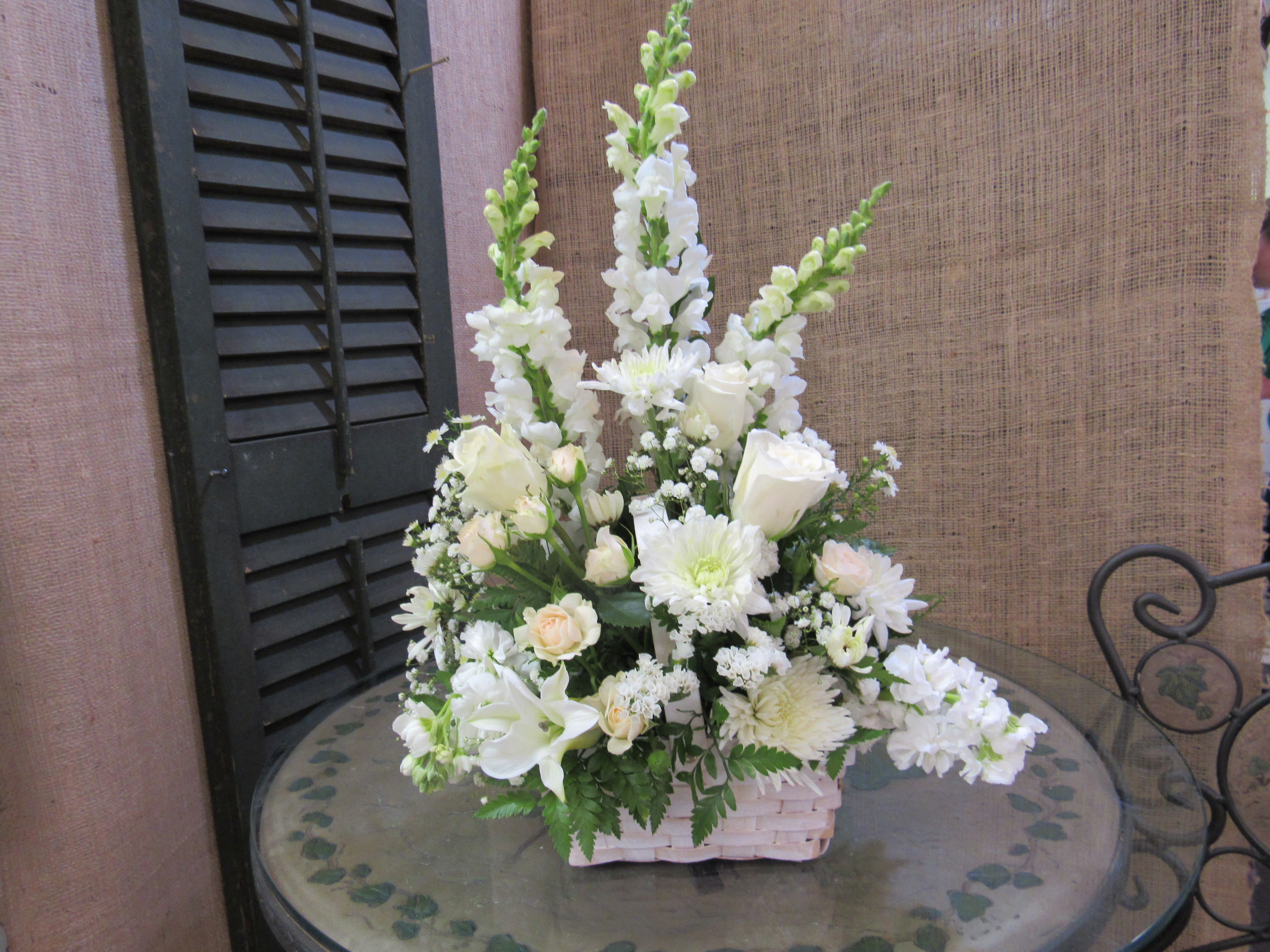White Basket Arrangement  - White carnations and lilies designed in a basket.