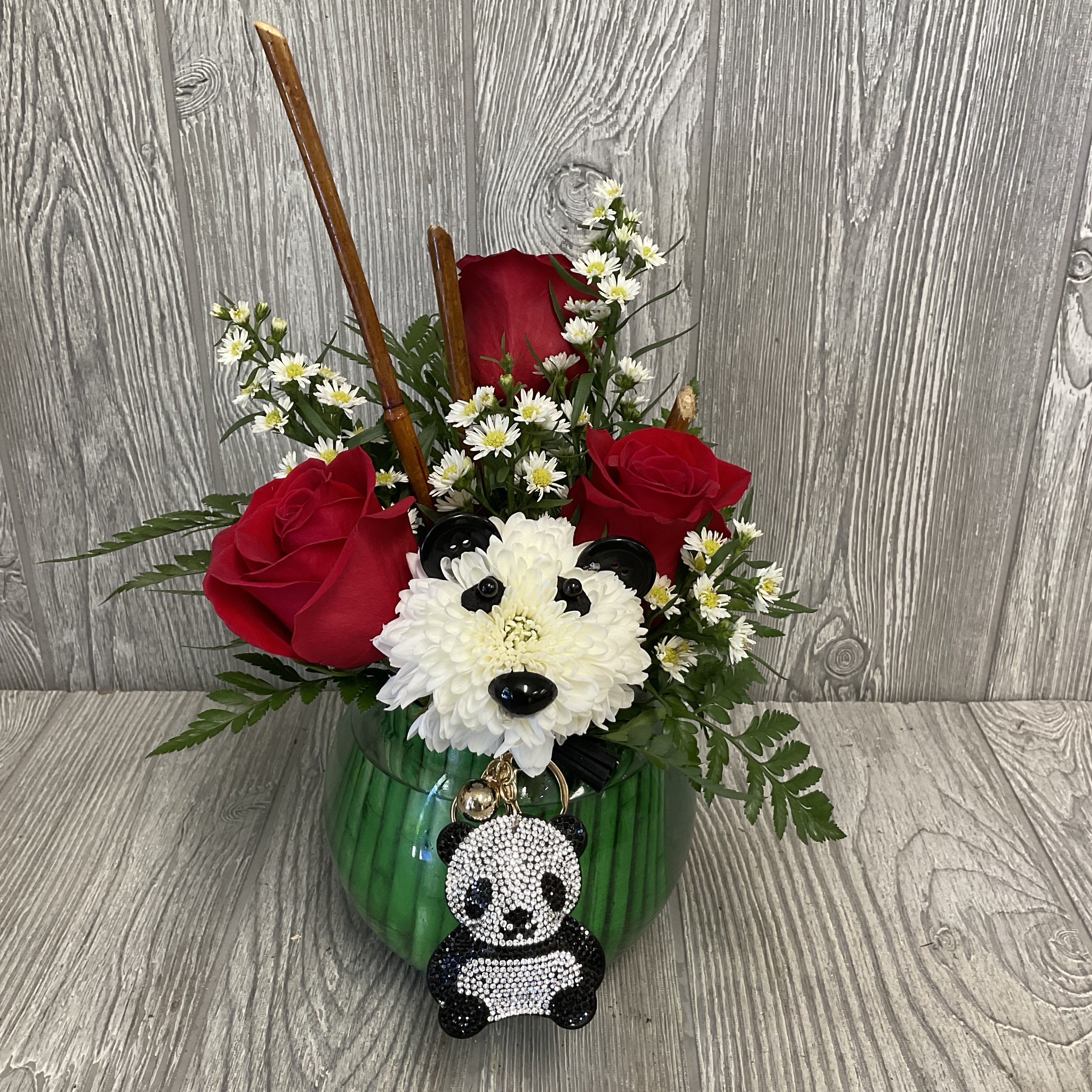 Po the Panda  - A cute panda arrangement with a rhinestone panda keychain. Great for your Alpha Omicron Pi daughters and sisters.  Flowers may vary. 
