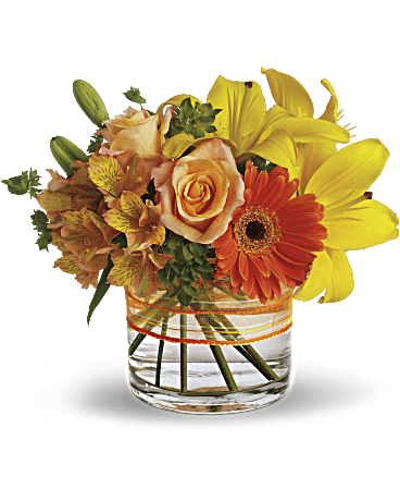 Sunny Siesta Sunny Siesta - Send a sunny siesta someone's way with this chic summer bouquet! Warm shades of orange and yellow are presented in a modern low cylinder vase for a stylish arrangement that suits anyone, any time. Brighten someone's day with this stylish summer bouquet! Warm shades of orange and yellow are elegantly arranged in a modern low cylinder vase, creating a chic display that suits anyone, any time.