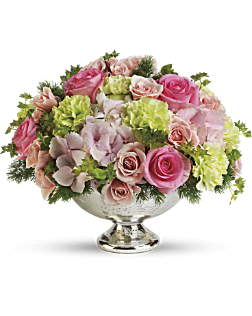 Garden Rhapsody - Experience the bliss and beauty of a pink and green wedding—an exquisite choice that will effortlessly elevate your special day. These charming colors deserve a centerpiece that truly captivates, and ours is nothing short of spectacular! Imagine a breathtaking arrangement of vibrant pink and green wedding flowers nestled in an elegant Mercury Glass Bowl, ready to enchant your guests. Say &quot;I do,&quot; and let us make your dream wedding a reality with same-day delivery from a premier florist in Ajax. Your perfect moment awaits!