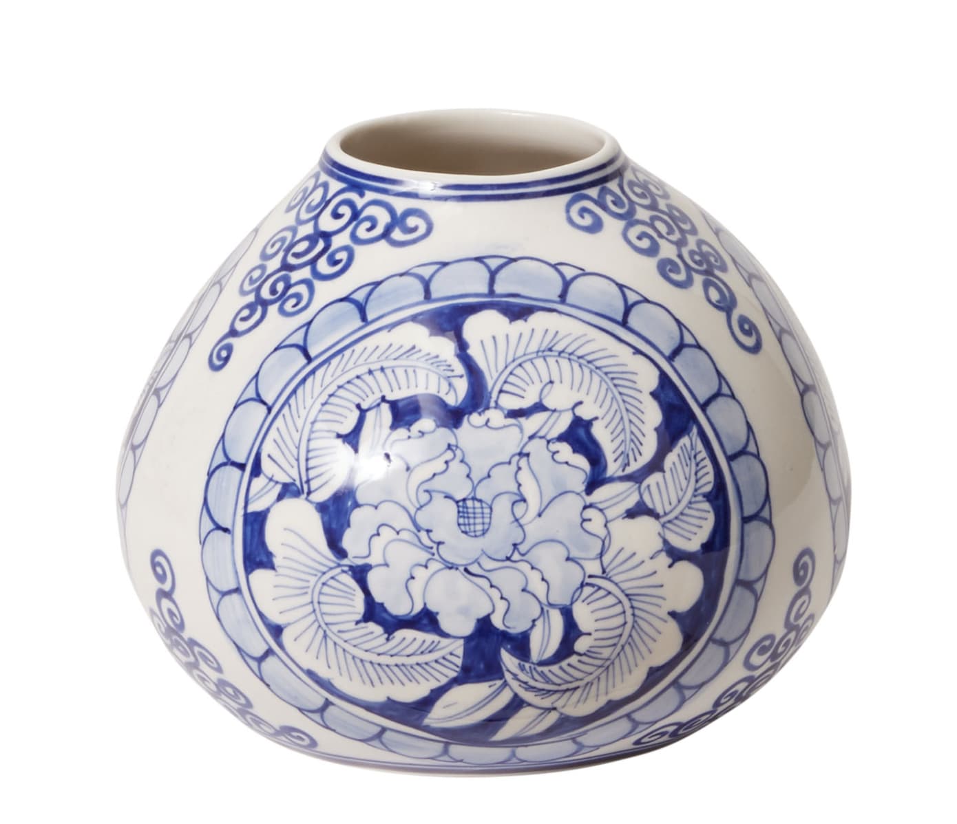 Eleanor Vase - A modern, functional take on classic chinoiserie, the Eleanor Vase features intricate hand-painted blue floral patterns on crisp white stoneware. Designed with florists in mind, this versatile piece is perfect for drop-in plants or fresh floral arrangements. Its vintage-inspired charm brings a timeless touch to weddings, events, dining tablescapes, or cocktail table centerpieces.  Opening Size: 2&quot; Material: Ceramic Dimensions: 6.25 x 6.25 x 4.75