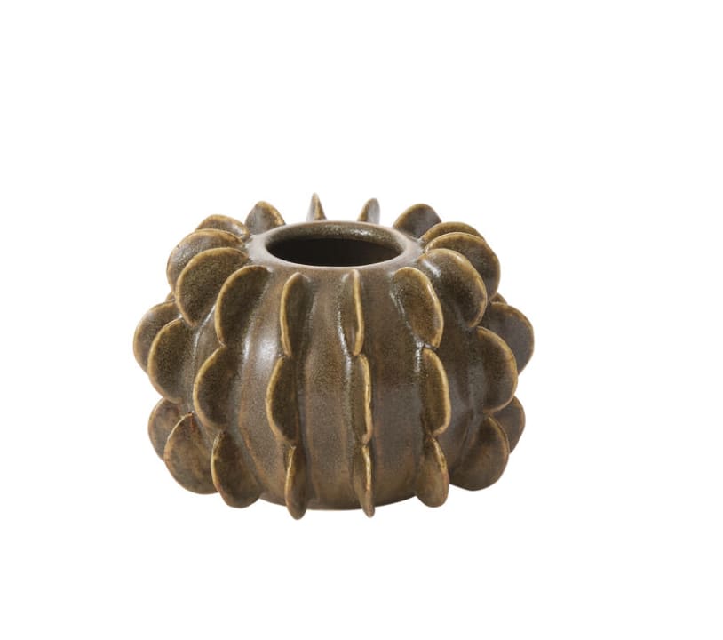 Millay Vase - Bring rich color and tactile charm to your space with the Millay Vase. This rounded ceramic cylinder features dimensional semicircle tabs along its exterior and a deep, earthy green ombré finish that softens toward the base. Compact yet eye-catching, it’s perfect for a few choice stems or styled solo on a shelf, console, or curated tabletop. The Millay Vase adds a sculptural element to any setting with a subtle nod to modern artistry.  Opening Size: 1.75&quot; Material: Ceramic Dimensions: 5.0 x 5.0 x 3.25 Base Dimensions: 2.5&quot;