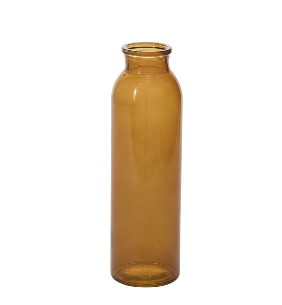 Amber Billie Bottle - Let the flowers steal the show with the, a curated collection of five warm, translucent amber vases and budvases. Designed in varying sizes, they create a charming, gathered display that feels effortlessly collected and inviting.  Opening Size: 1&quot; Material: Glass Dimensions: 2.25 x 2.25 x 7.5