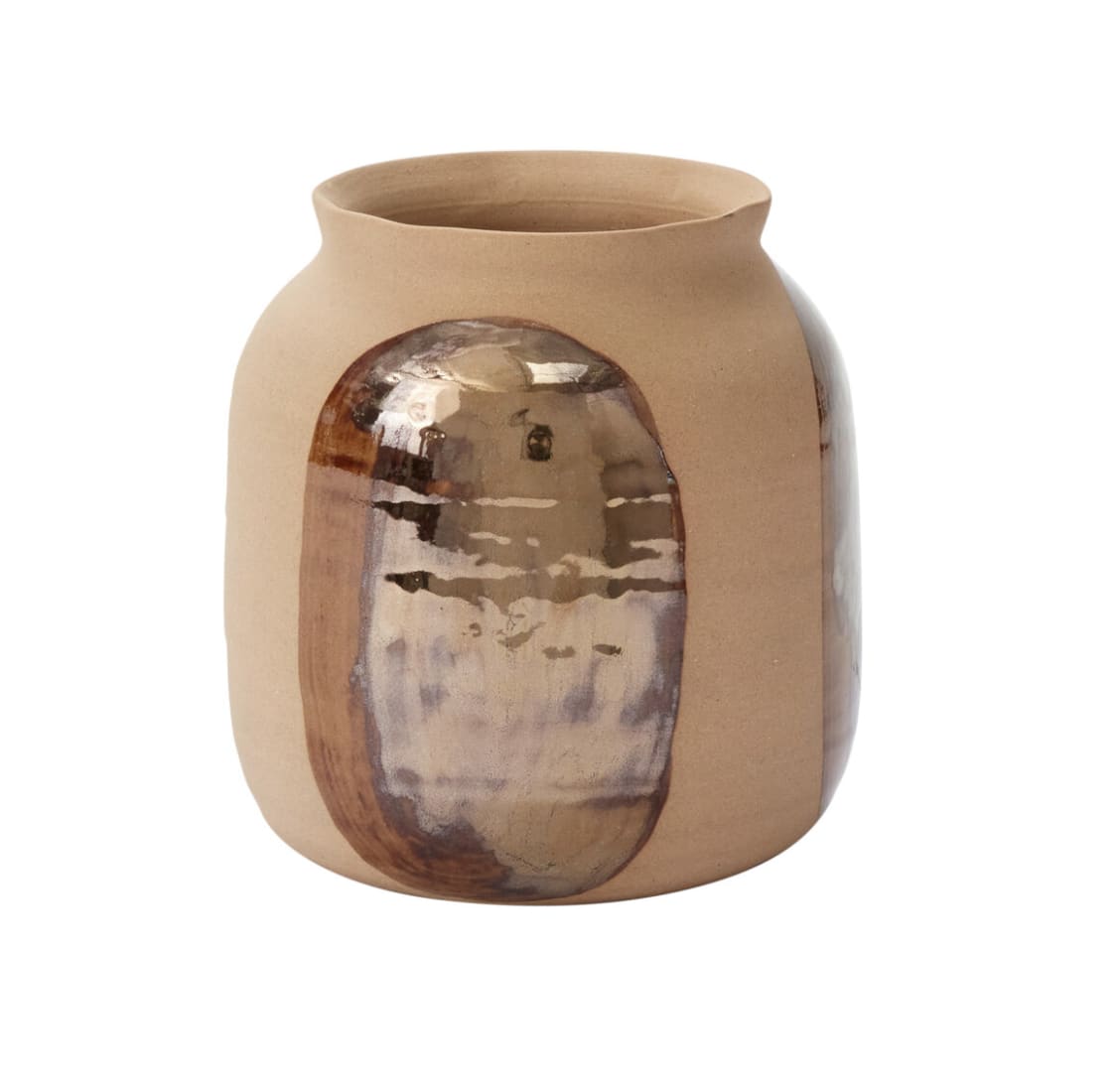 Bronze Brushstroke Vase Large - Bring an earthy handcrafted look to florals and home decor with the versatile Bronze Brushstroke Vase. This natural tan clay vessel features wide brushstrokes of bronze metallic glazing across the exterior. The blend of earthy and metallic tones offers a subtle touch of shine to any space. Perfect for fresh or dried florals, it makes a thoughtful gift or a decorative home accent.  Opening Size: 3.5&quot; Material: Ceramic Dimensions: 6.25 x 6.25 x 6.5