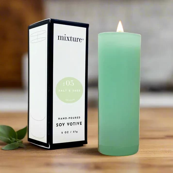 Salt &amp; Sage Mixture 2 oz votive - Top notes of sea air, salt and mineral textures of sand and stone, Driftwood, seaweed and strong sage. 