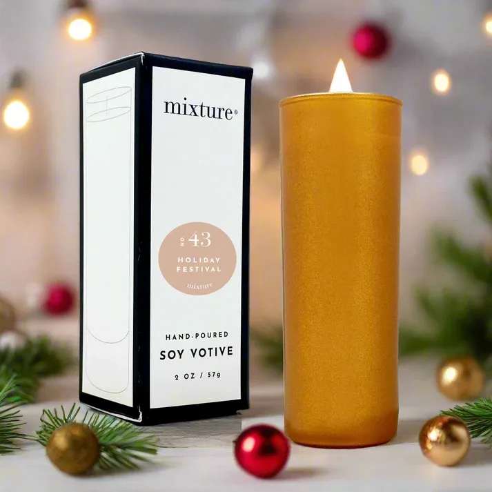 Holiday Festival Mixture 2 oz votive - Roasted chestnut, creamy maple, anise, coconut, and a touch of chocolate. 