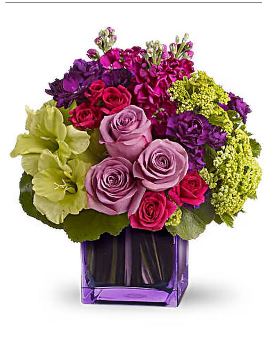 Rainy day - A beautiful combination of purple, green and hot pink flowers makes this arrangement a one of a kind 