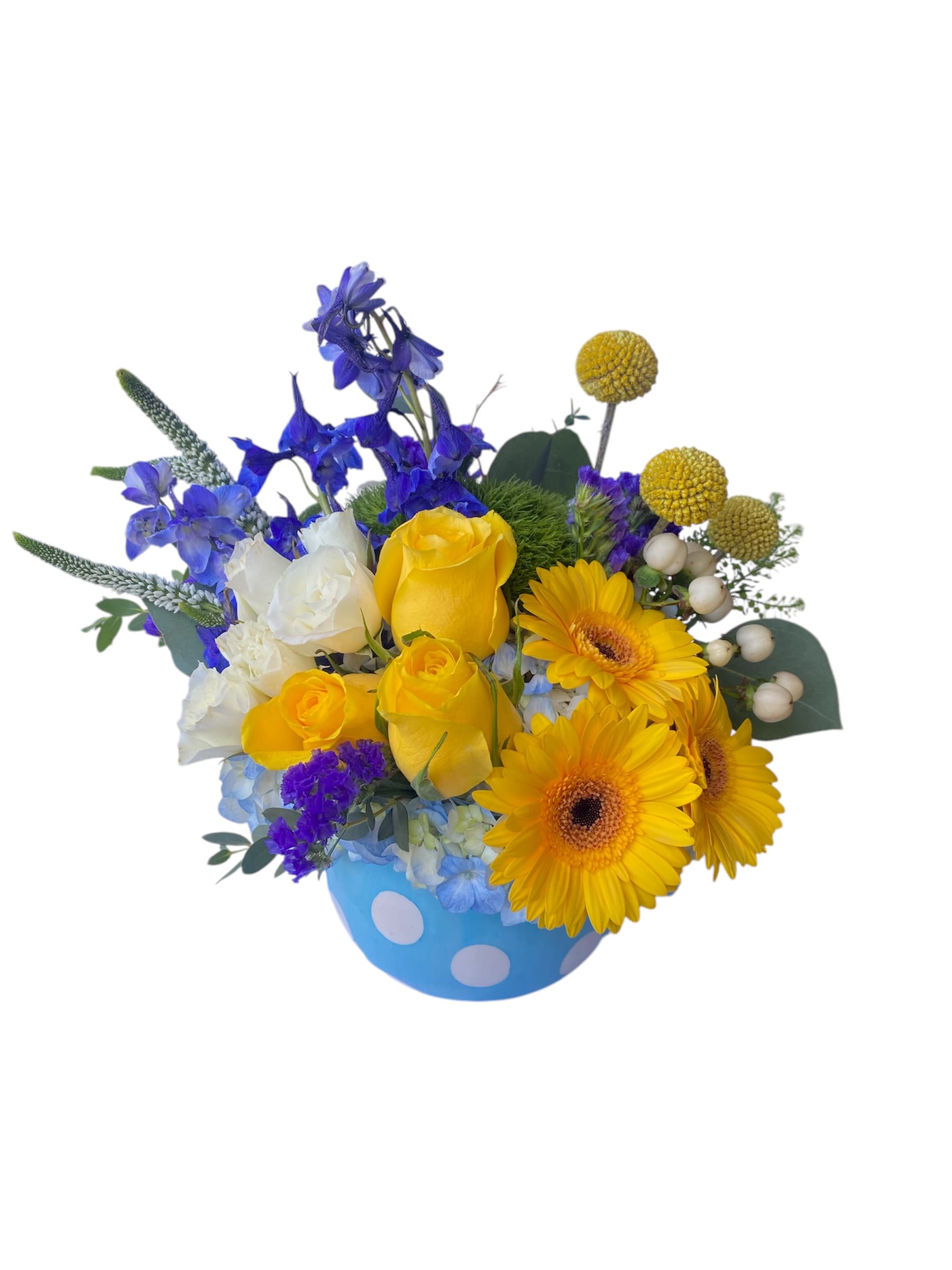 Blooming Baby Blooming Baby - Made with blue hydrangeas, yellow mini gerber daisies, yellow and white roses, blue stock, cream hypericum berries, yellow buttons and silver dollar eucalyptus in a blue and white ceramic vase.