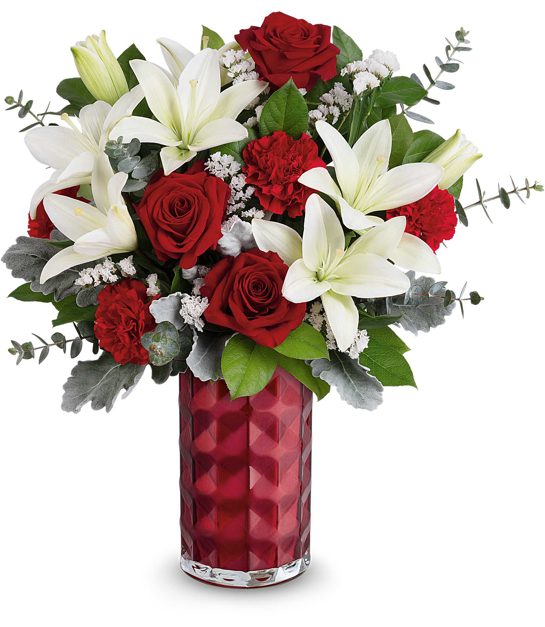 Floral Harmony Bouquet - Elevate your sentiments with this elegant rose and lily bouquet, beautifully arranged in a pearlescent glass vase that showcases a striking geometric pattern, creating a harmonious floral display.