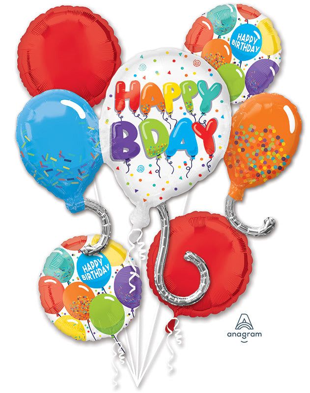 Bright birthday balloon bouquet Bright birthday balloon bouquet - Surprise someone for their birthday! 4- 18" mylars and 1 35" mylar attached to a weight