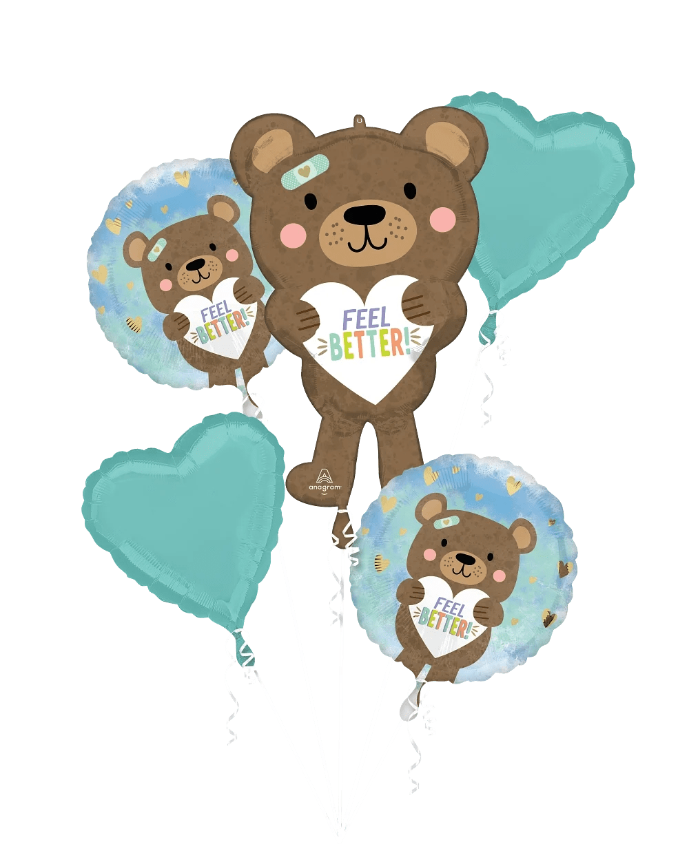 Feel better/ Get well balloon bouquet Feel better/ Get well balloon bouquet - Make someone feel better by sending the feel better bear balloon bouquet- 4- 18" mylars and 1/ large 36" feel better bear tied to a wieght