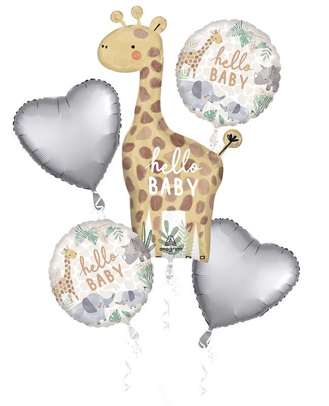 New baby balloon bouquet New baby balloon bouquet - Welcoming a new baby, send them a animal themed balloon bouquet- 4- 18" mylars and 1 large 36" giraffe mylar tied to a wieght