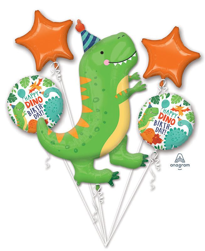 Dinosaur birthday balloon bouquet Dinosaur birthday balloon bouquet - Young or old"er"- Dinosaurs are in! 4- 18" mylars and 1 large 36" cute birthday dinosaur tied to a weight