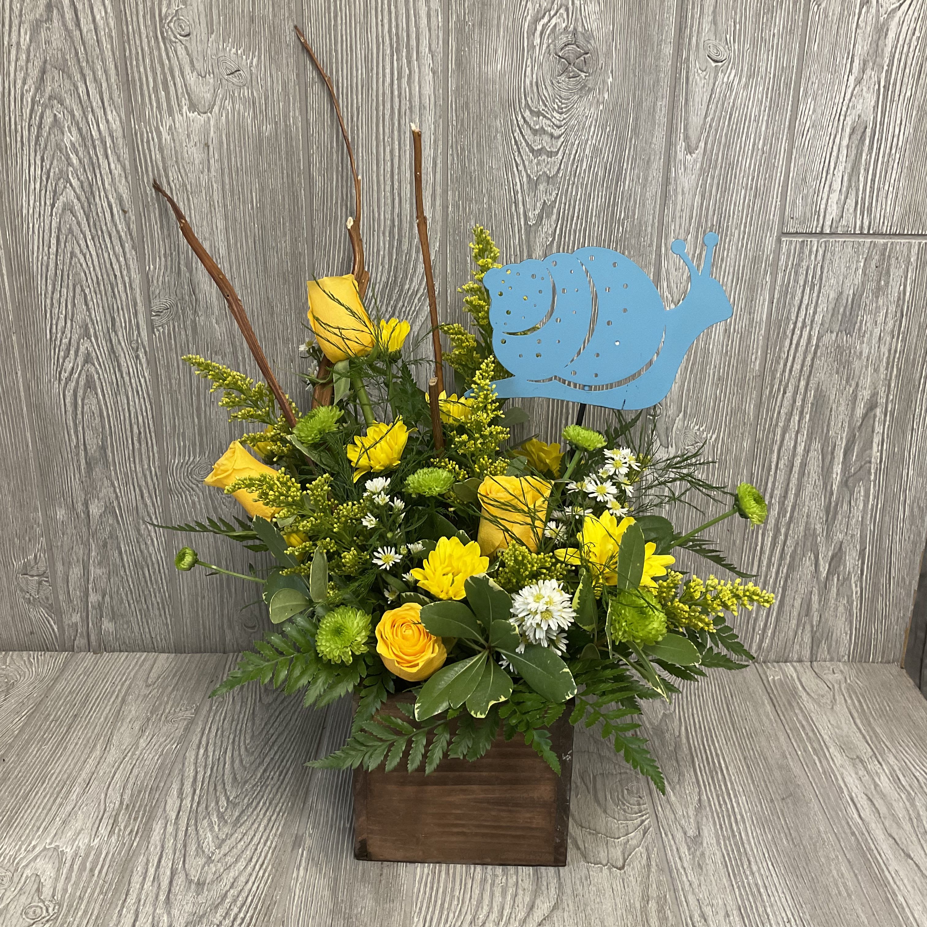 AbbaSnail - Cute snail arrangement in a wooden box with a metal snail pick prefect for the snail lover in your life. Flowers and colors may vary.