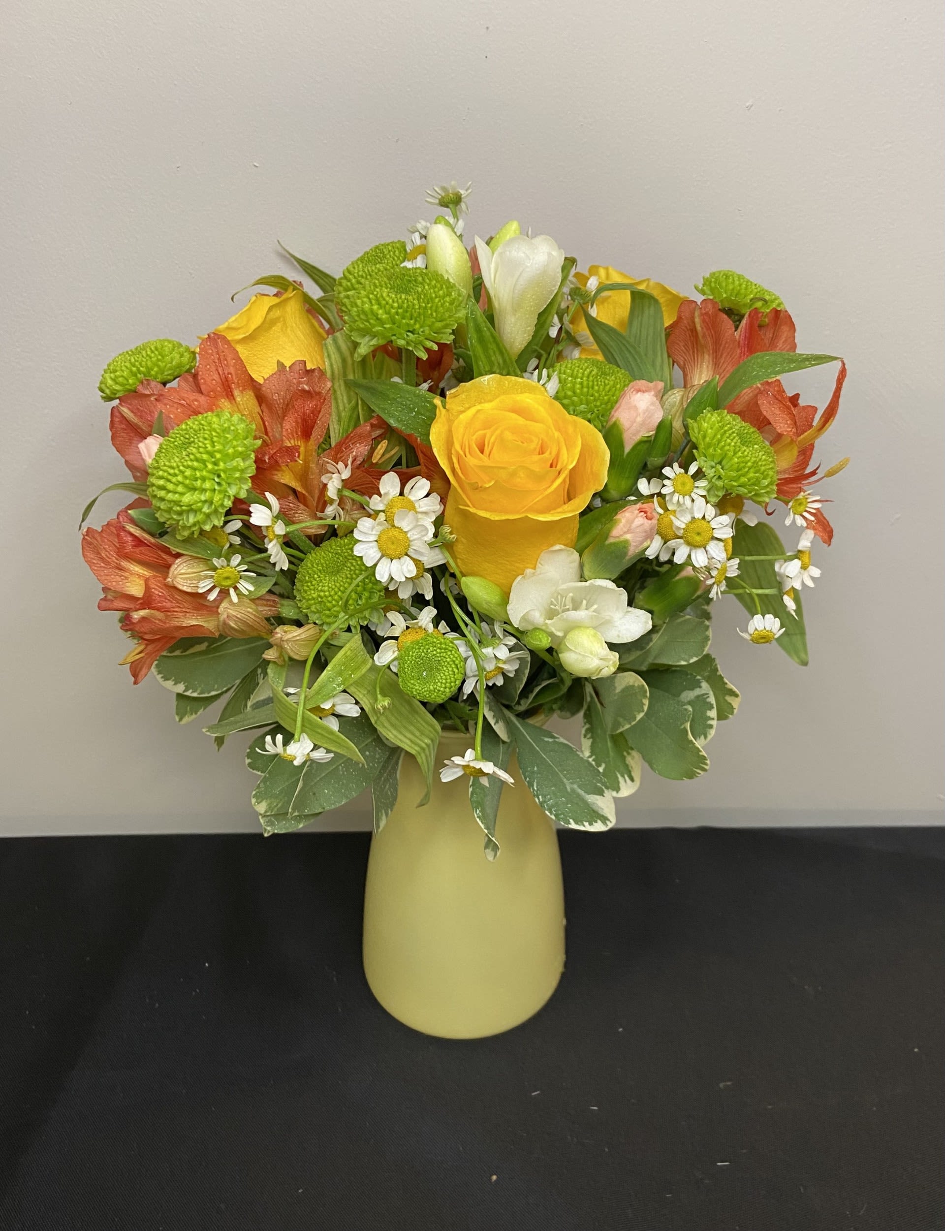 Sunny Daydream by Chasing Petals - Bring in the sunshine with this cutie.  A coloured vase filled with bright fresh summer blooms, perfect for any spot in your home.