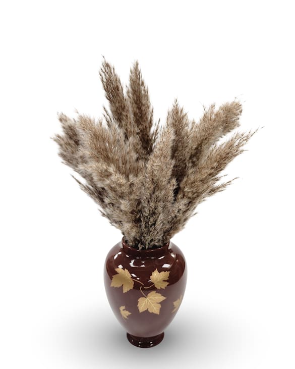 Whispers of Fall Whispers of Fall - Whispers of Fall is a simple, elegant display of dried pampas grass arranged in a ceramic vase adorned with subtle maple leaf details. A soft and natural nod to the season, perfect for adding warmth and texture to any space.