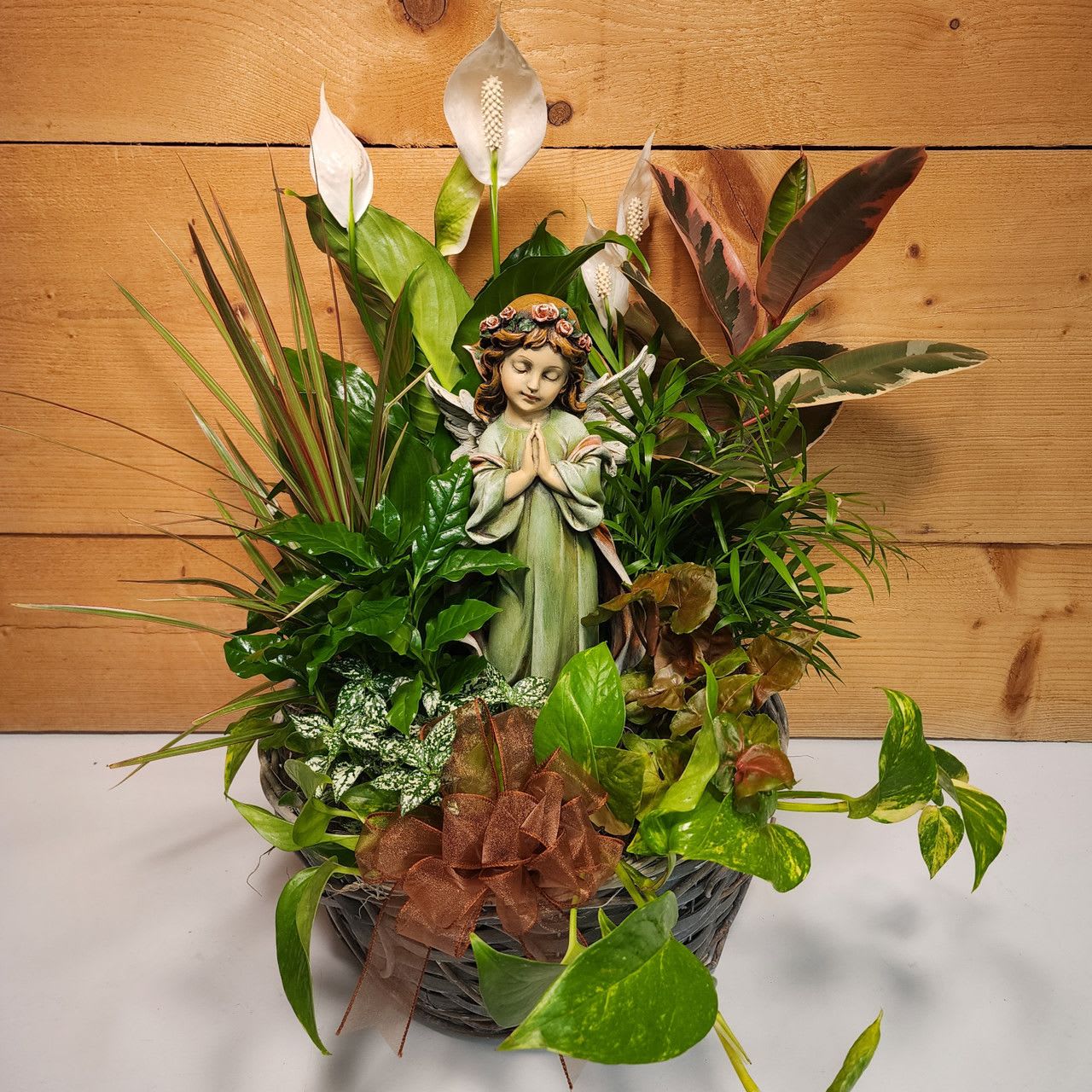 Angelic Garden Angelic Garden - The calming beauty of an angel is presented to us in this stunning garden by Saville's Country Florist. The Angelic Garden features an exquisitely detailed keepsake angel, surrounded by green & blooming plants displayed in a ceramic container Approx. 25 in H x 12in W Fitting for most occasions. PLEASE NOTE: Some flowers, vases and other products pictured are subject to availability, and may be substituted for a similar item if unavailable according to our substitution policy.