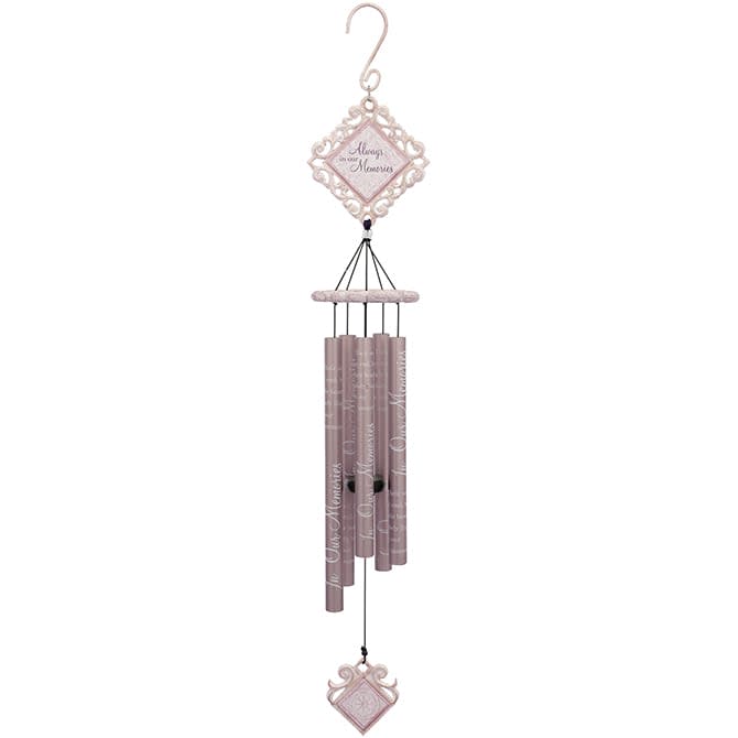 35&quot; &quot;Beautiful Memories&quot; Vintage White Chime - Our Vintage White Chimes are made from high quality polyresin, aluminum and industrial cord. The tubes feature a durable anodized finish and display a popular sentiment. Adjustable Striker.  Chime Tubes Read: &quot;Their song may end but their beautiful melody lingers on in our memories.&quot;  L: 35&quot; Item# 62742