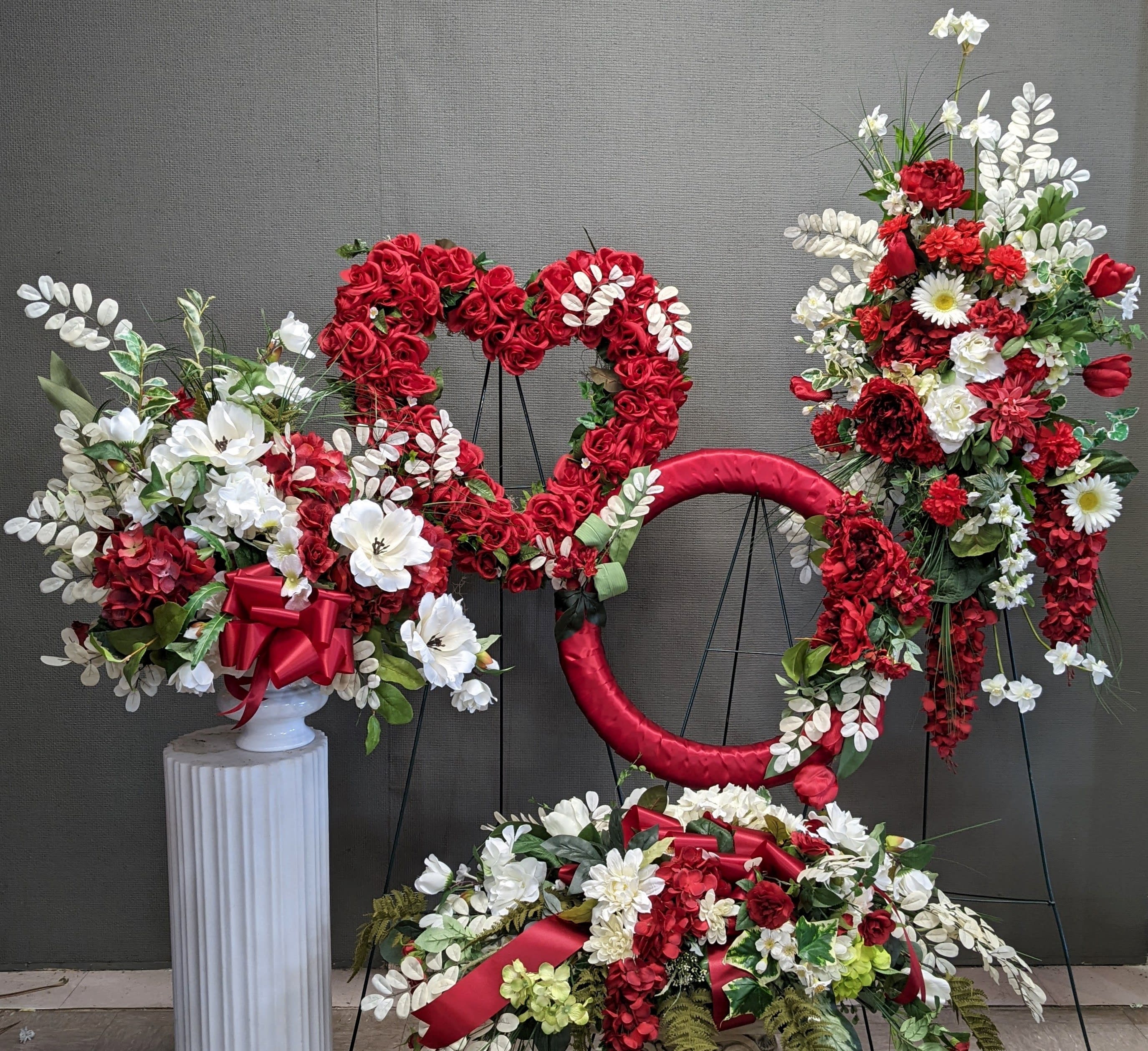 Rental set up for Churches/Funeral/Venues  - This is a wholesale product intended for funeral homes, cremation services, churches, service organizations and venues.  It includes a casket piece, heart, wreath, spray and funeral arrangement. You can substitute for a cross, additional funeral arrangement. You can also add pieces in the deluxe and premium choices.  Please choose your color combination and write it in special instructions. 