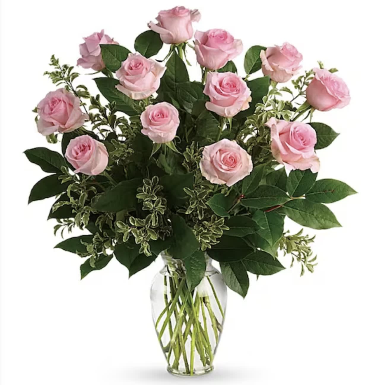 Say Something Sweet Say Something Sweet - Say it sweeter with this feminine bouquet of a dozen ballet pink roses and lush greens in a graceful glass vase.