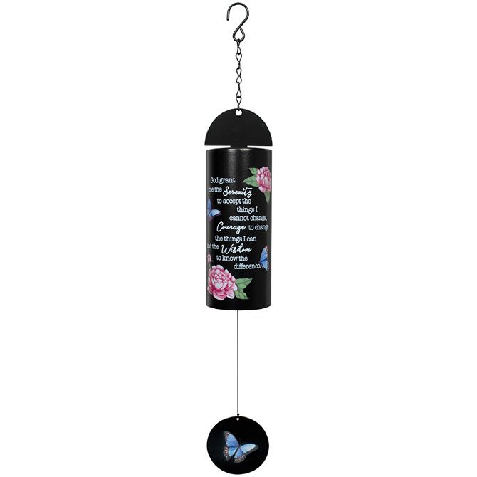 Carson 22&quot; Cylinder Wind Chime - Serenity Prayer - Enhance your outdoor space with the soothing sounds and inspirational message of the Carson 22&quot; Cylinder Wind Chime - Serenity Prayer. This beautiful wind chime is designed to bring peace and serenity to any porch, garden, or yard.  Size and Dimensions: The wind chime measures 22&quot; in length with a 3&quot; diameter, featuring a 7.5&quot; long tube.  Durable Materials: Crafted from powder-coated and UV-printed steel and metal, this chime is built to withstand the elements, ensuring it remains a lasting addition to your outdoor decor.  Adjustable Striker: Customize the sound to your preference with the adjustable striker, allowing for a personalized auditory experience.  Easy to Hang: Includes a hook and chain for effortless hanging, making it simple to display in your favorite outdoor spot.  Inspirational Text: The tube features the beloved Serenity Prayer: &quot;God grant me the serenity to accept the things I cannot change, Courage to change the things I can and the Wisdom to know the difference.&quot;  This wind chime is not only a beautiful decorative piece but also a thoughtful and meaningful sympathy gift. The serene sounds and inspirational message provide comfort and solace, making it a perfect way to express your condolences and support during times of loss.  Paul Davis Flower Shop stocks one of the largest selections of sympathy gift wind chimes available for same-day delivery in Muncie, IN.
