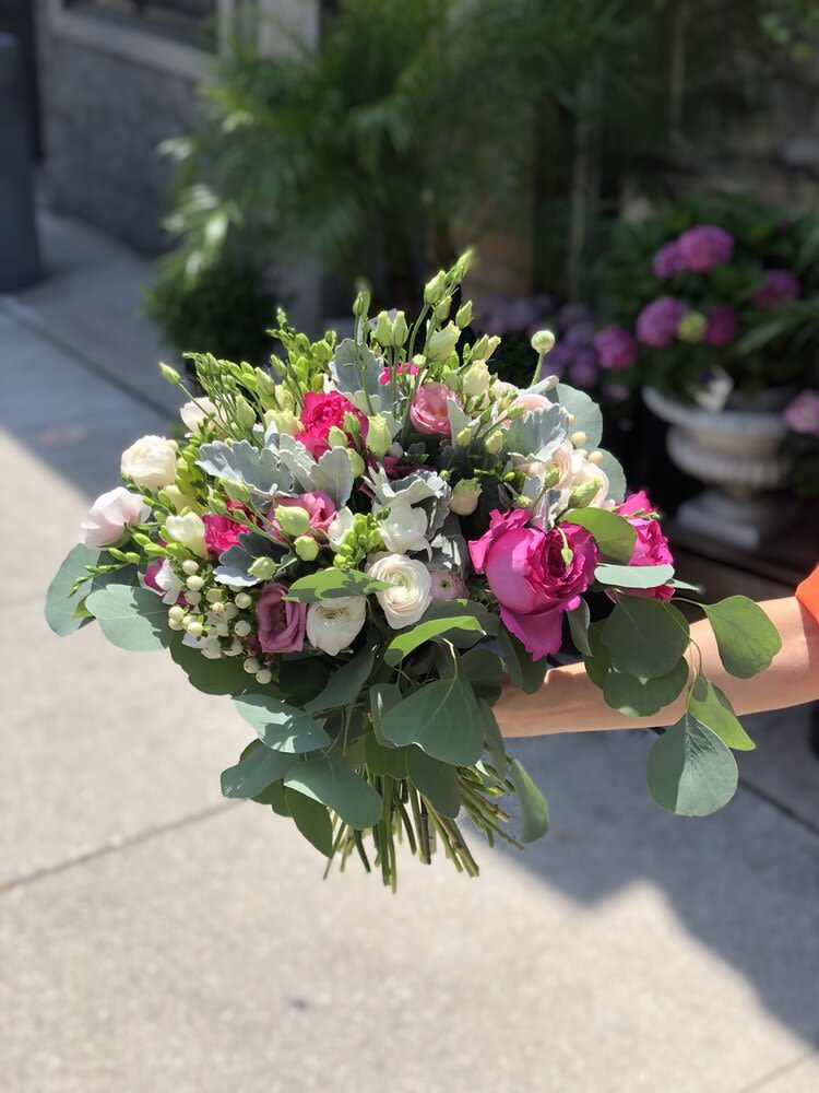 Summer 5 - Hand tied bouquet with garden roses, ranunculus, hypericum berries, freesias, lisianthus and eucalyptus.   *depending on availability, flowers may change